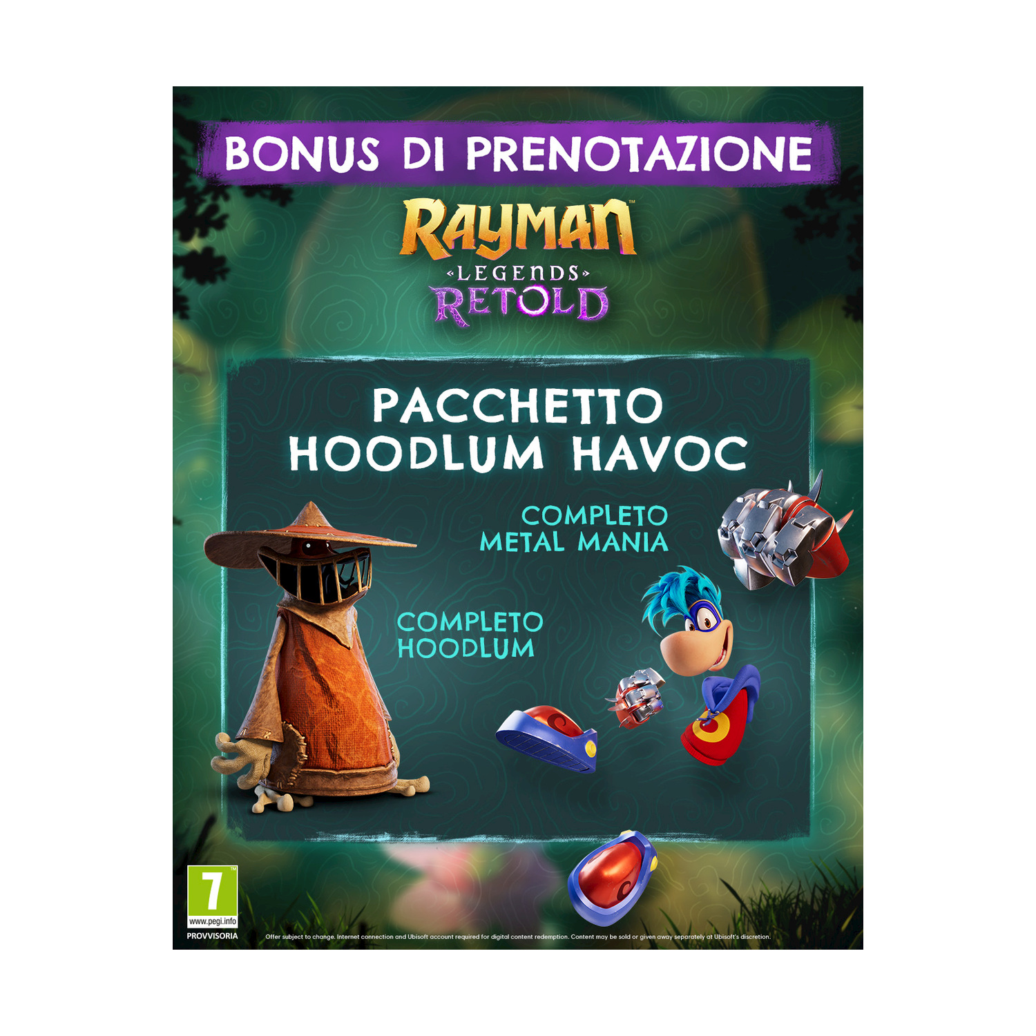 Confezione del gioco Rayman Legends Retold con pacchetto Hoodlum Havoc e parti personaggio.