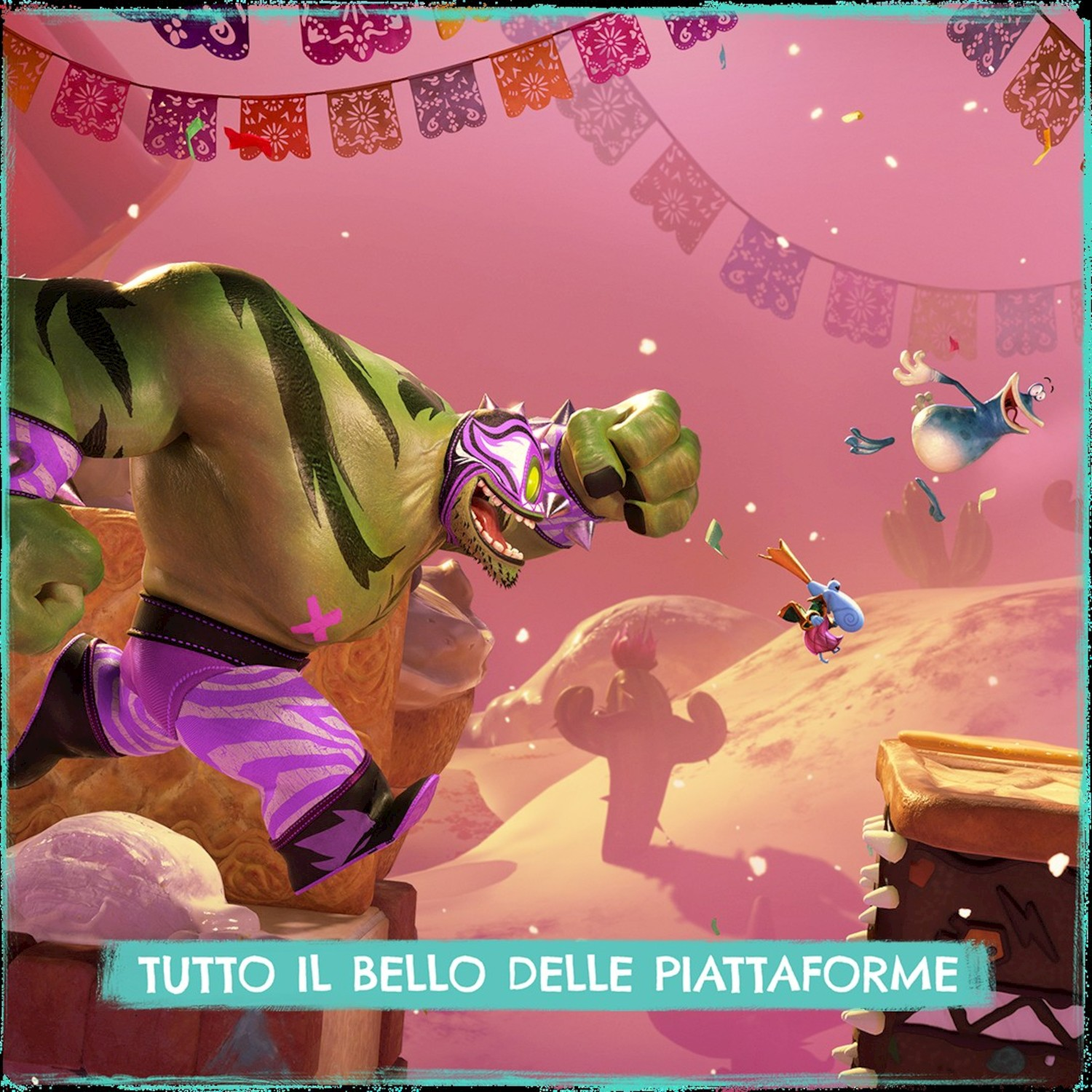 Lottatore verde con strisce viola corre in un paesaggio desertico con festoni colorati.