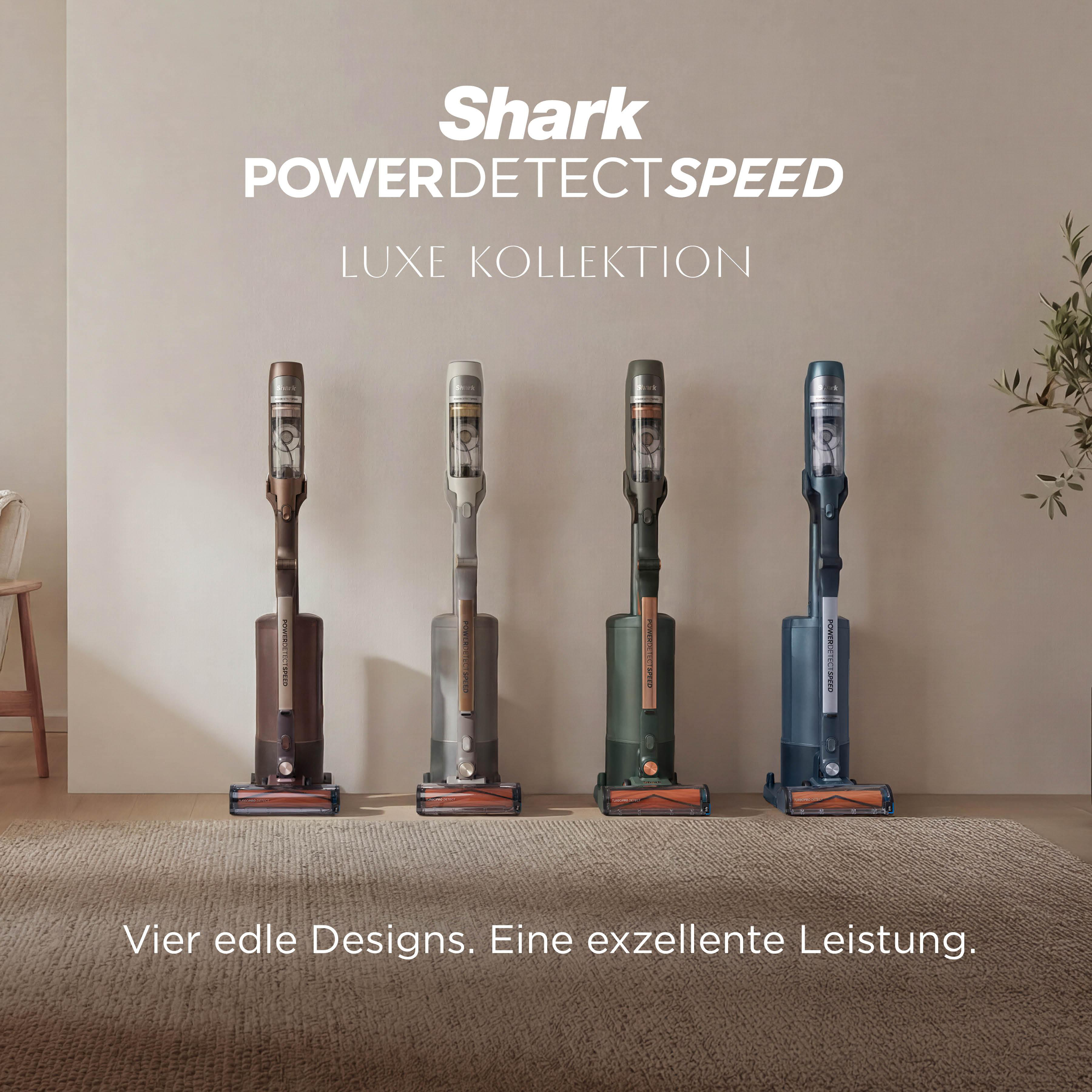Vier Shark PowerDetect Speed Staubsauger in Braun, Grau, Dunkelgrün und Blau.