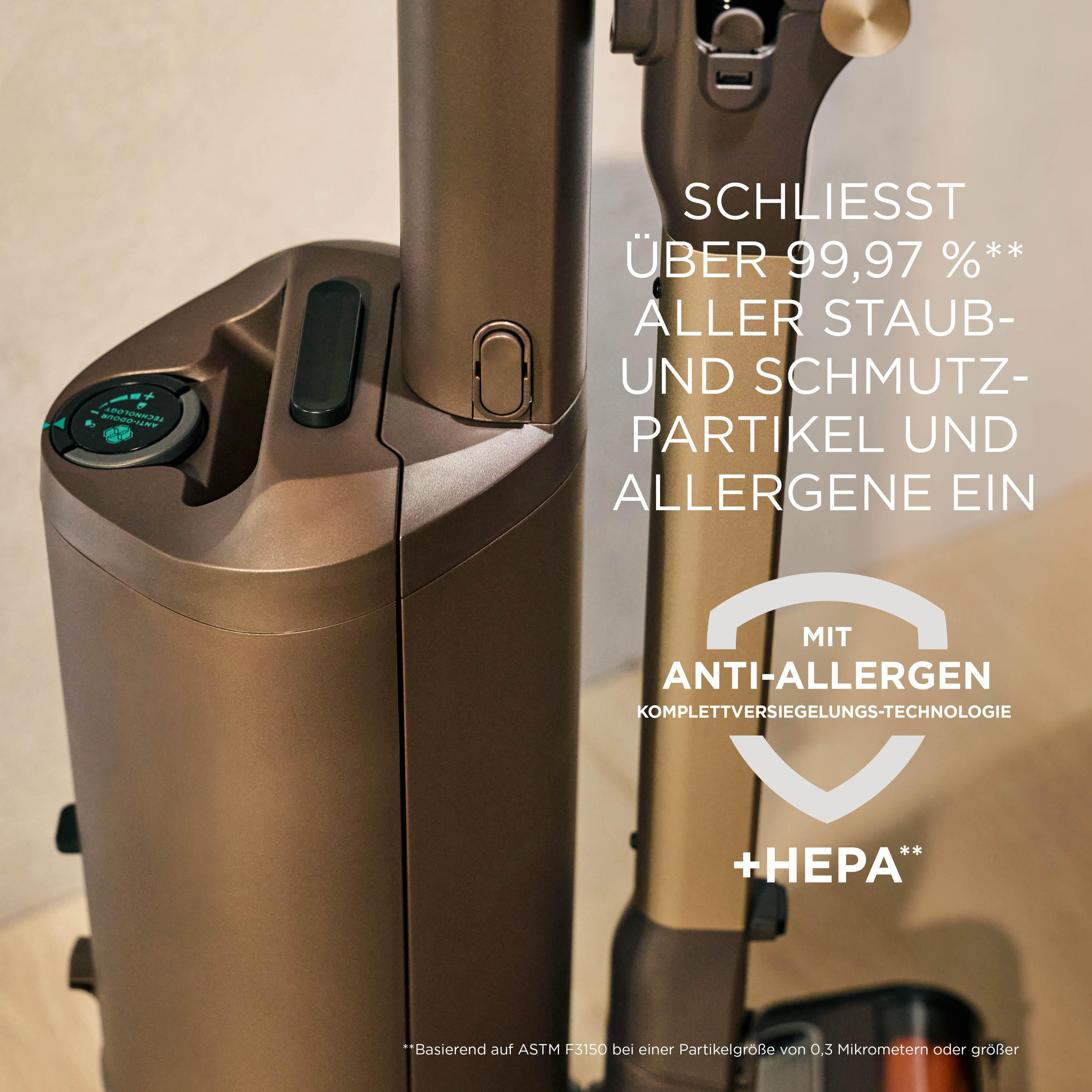 Ein moderner, bronzefarbener Staubsauger mit Anti-Allergen-Technologie und HEPA-Filter.