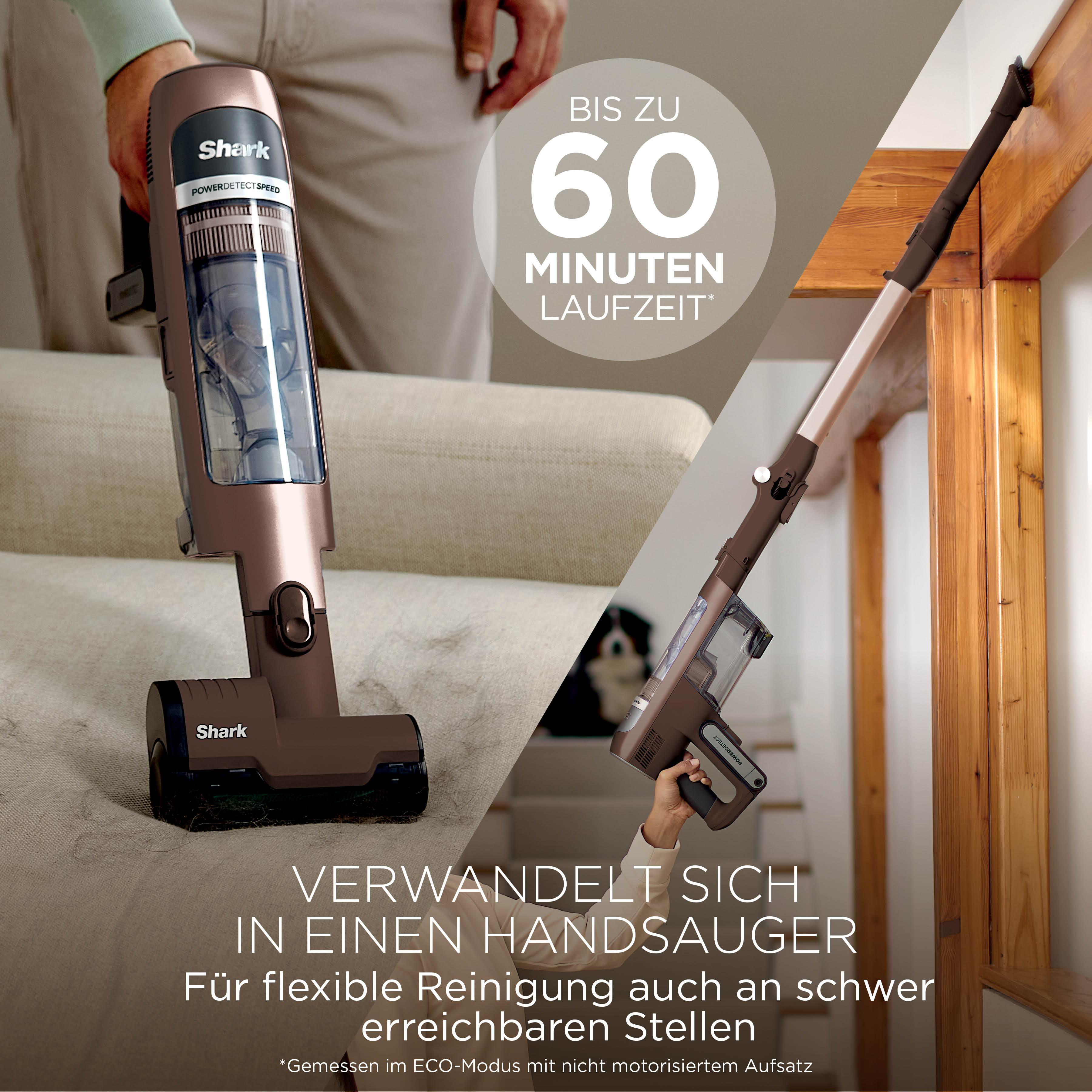 Ein Shark Staubsauger wird auf einem Sofa und an Holzstufen gezeigt.