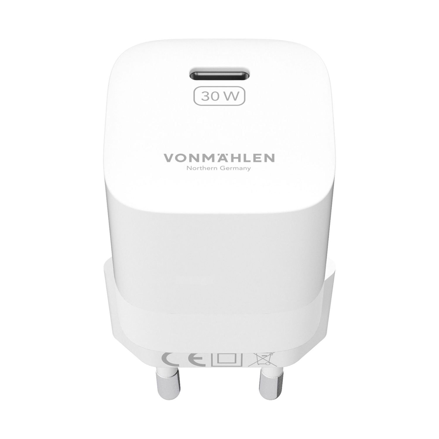 Un caricatore USB-C bianco da 30W di VONMÄHLE N. Germany con marchio CE.