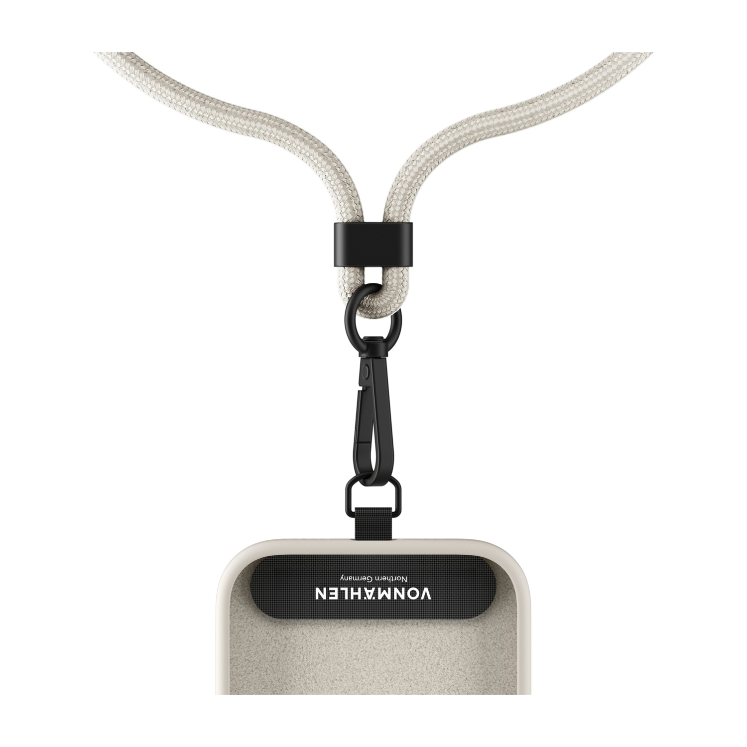 Un cordino beige con chiusura nera attaccato a una custodia beige chiaro.