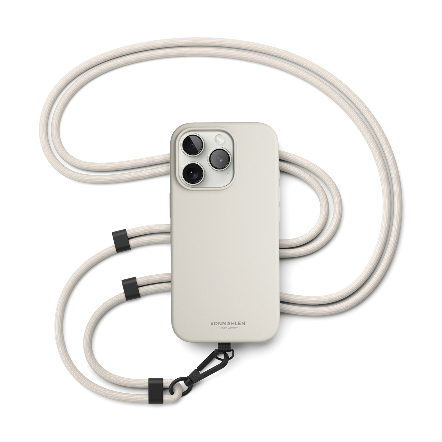 Una custodia per telefono beige chiaro con laccetto in corda intrecciata e connettori neri.