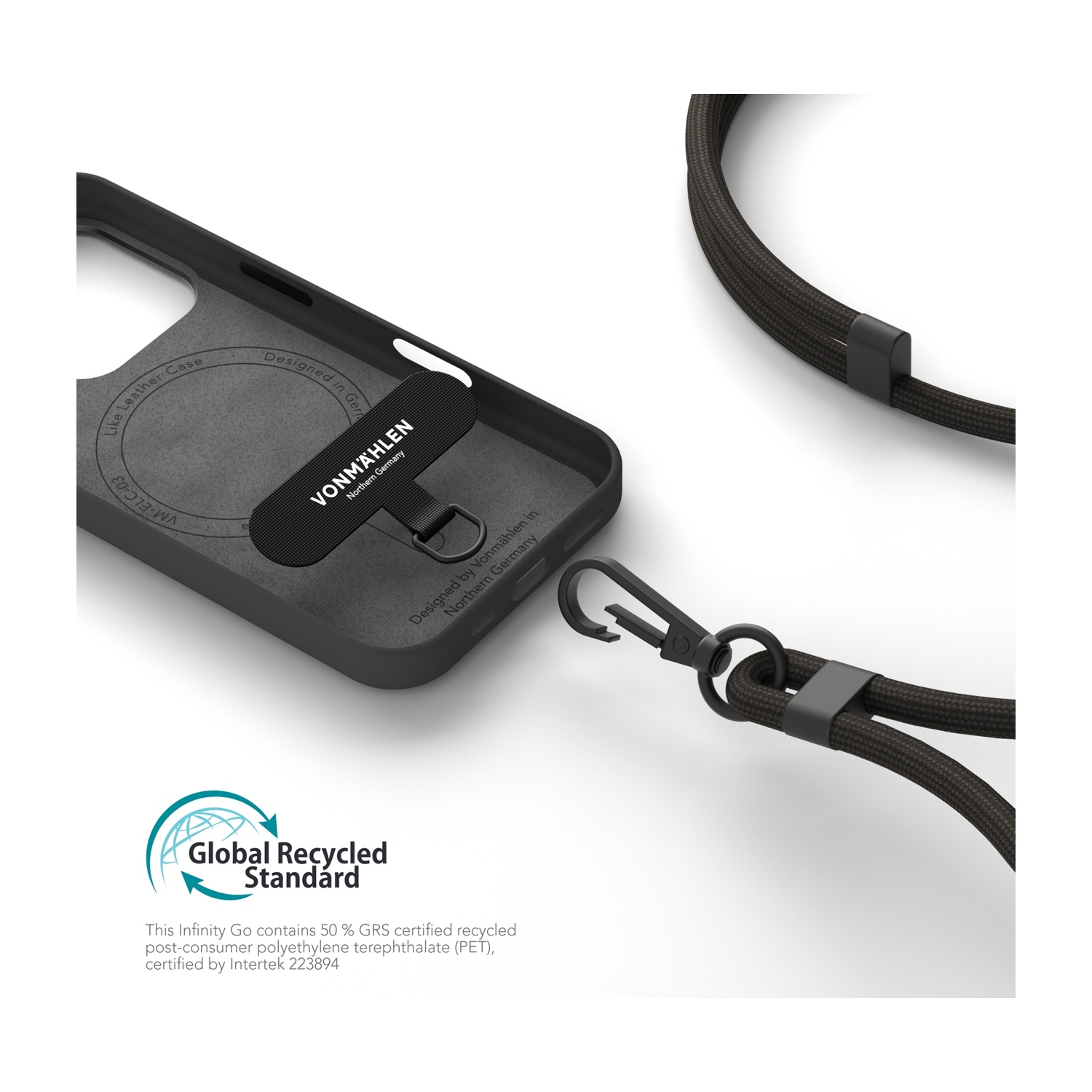 Custodia nera per telefono con laccetto e logo "Global Recycled Standard".