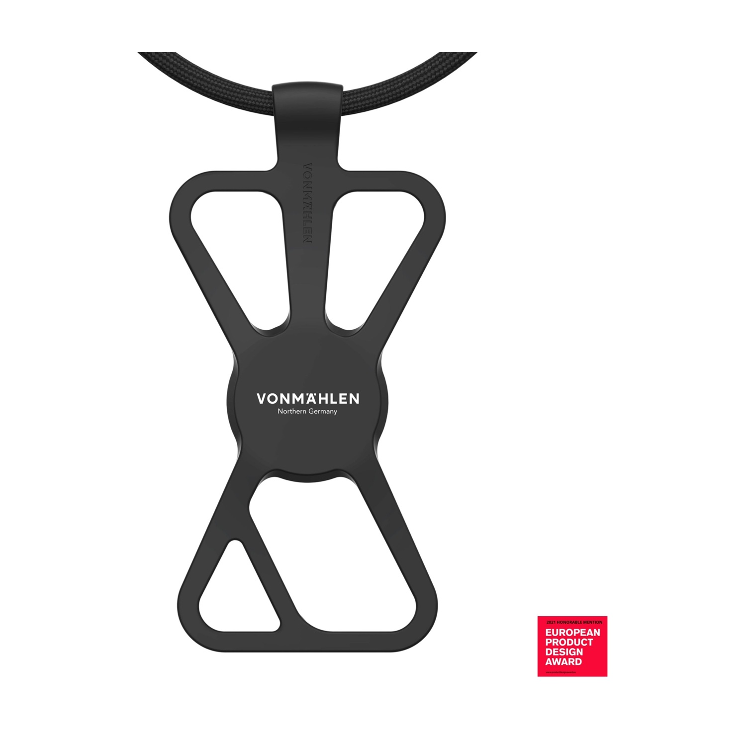 Supporto nero per smartphone con laccetto e premio di design prodotto.