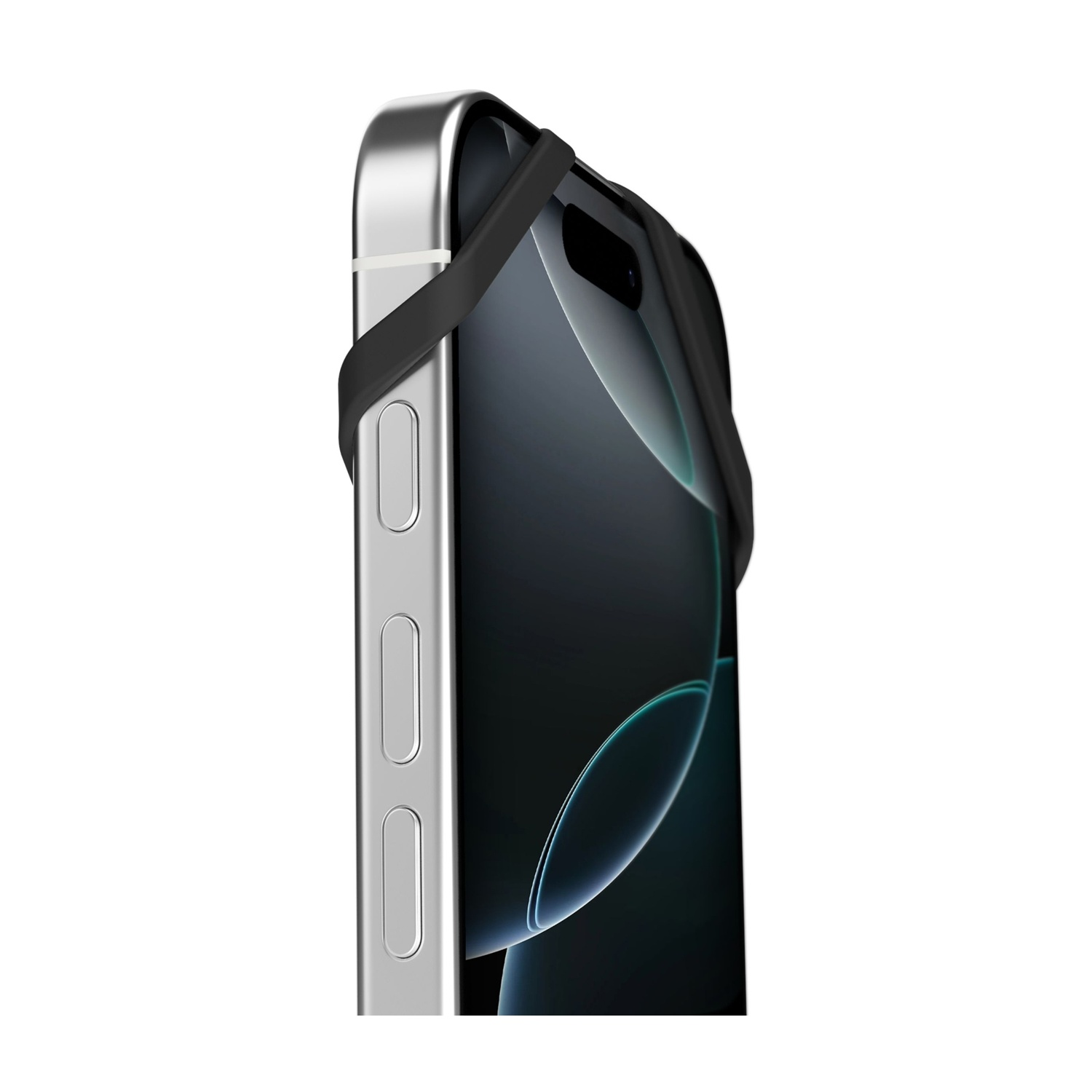 Uno smartphone argentato con banda nera, primo piano laterale.