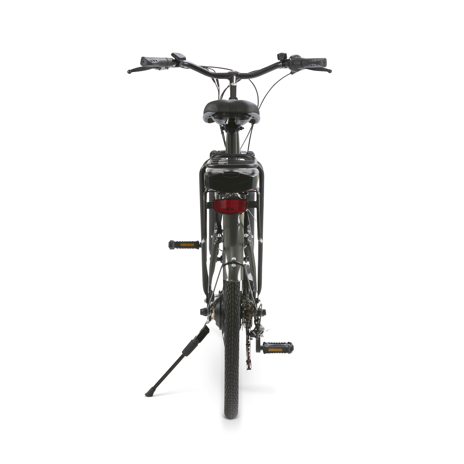 Vista posteriore di una bicicletta nera con portapacchi, cavalletto e fanale posteriore.