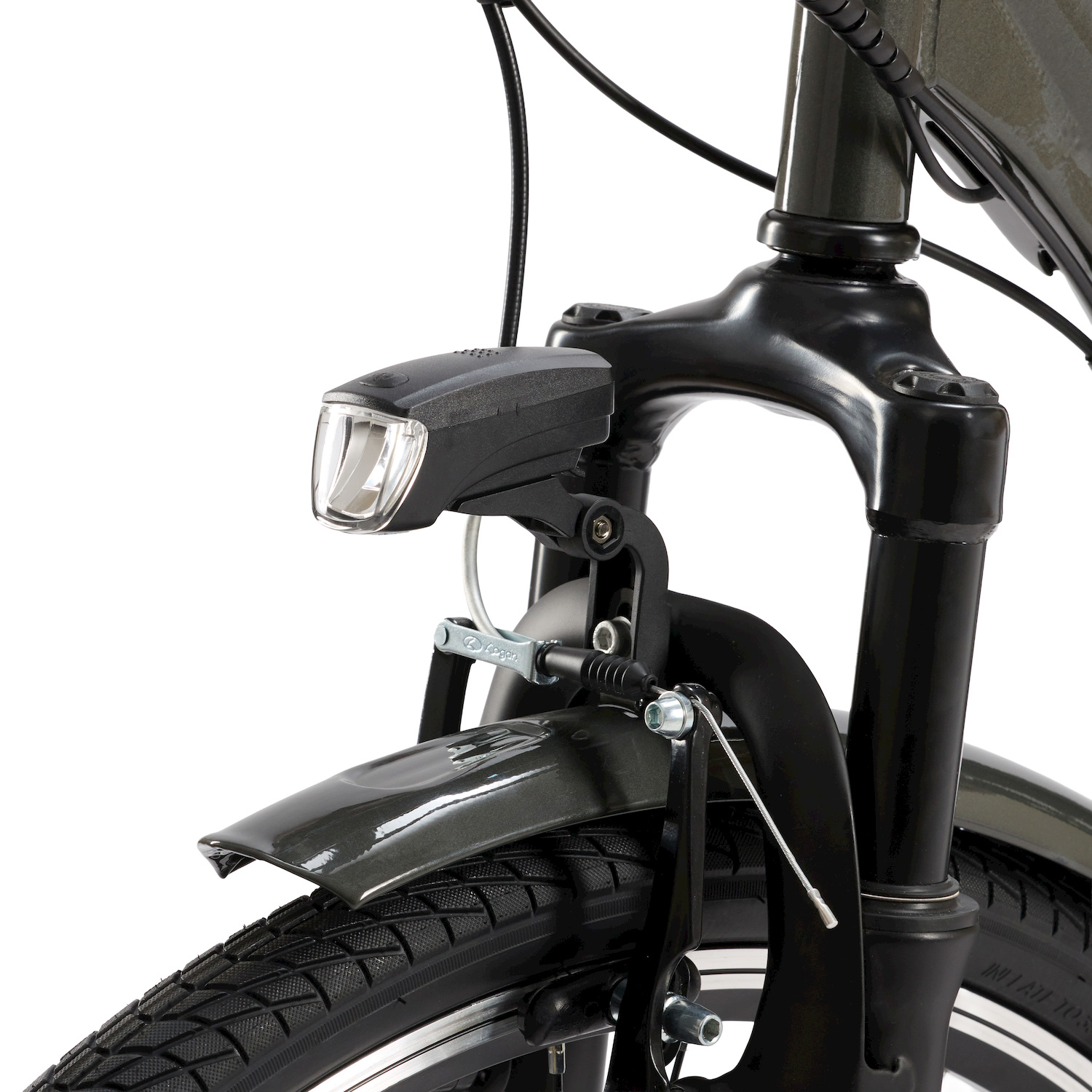 Vista frontale di una bicicletta scura con faro e parafango.