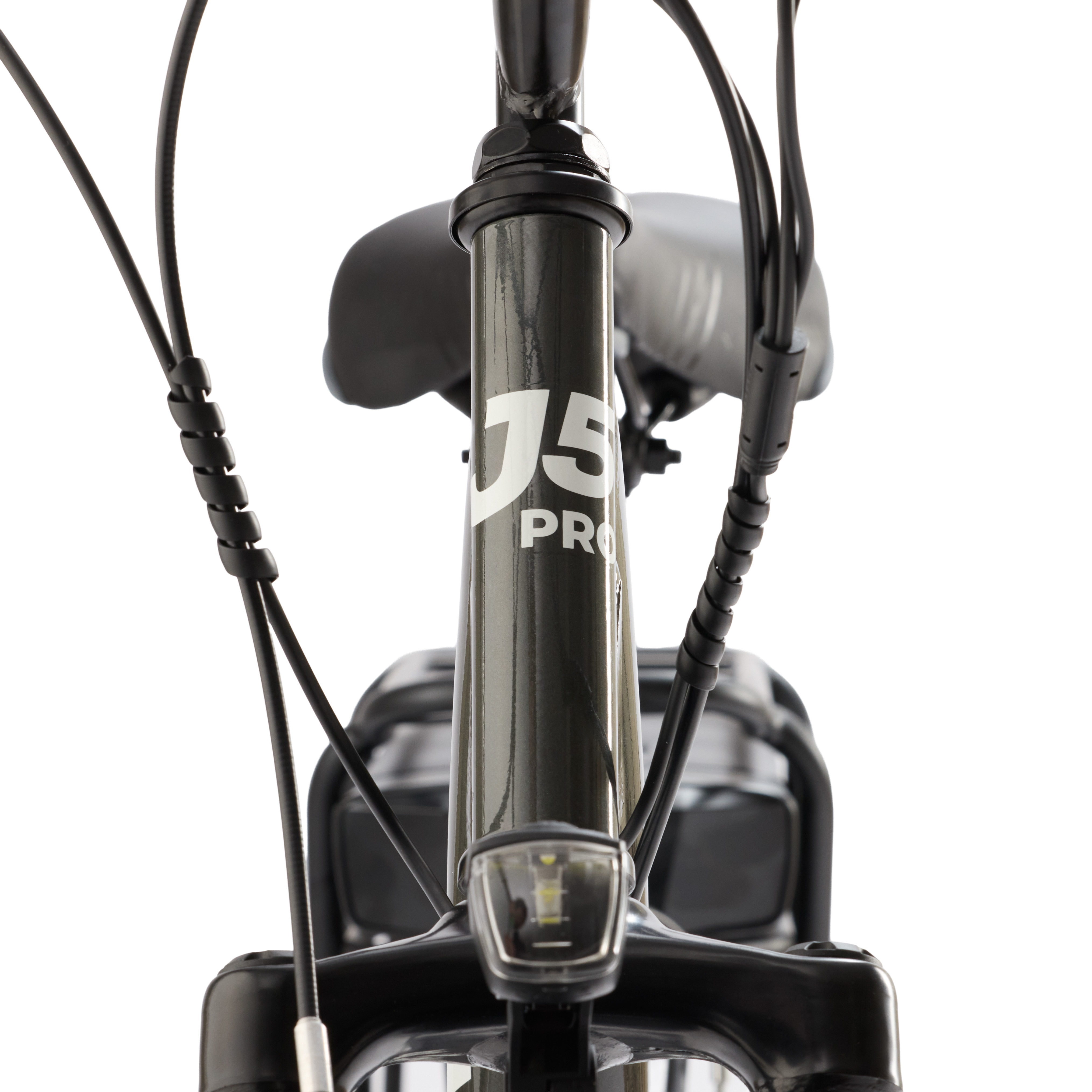 Vista frontale di un telaio di bicicletta con scritta "J5 PRO" e faro.