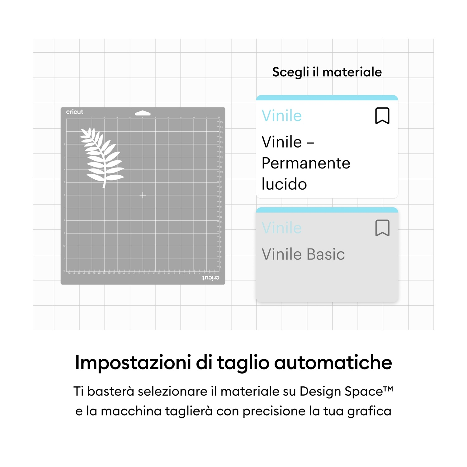 Un tappetino Cricut con una grafica di foglia bianca e opzioni di selezione materiale.