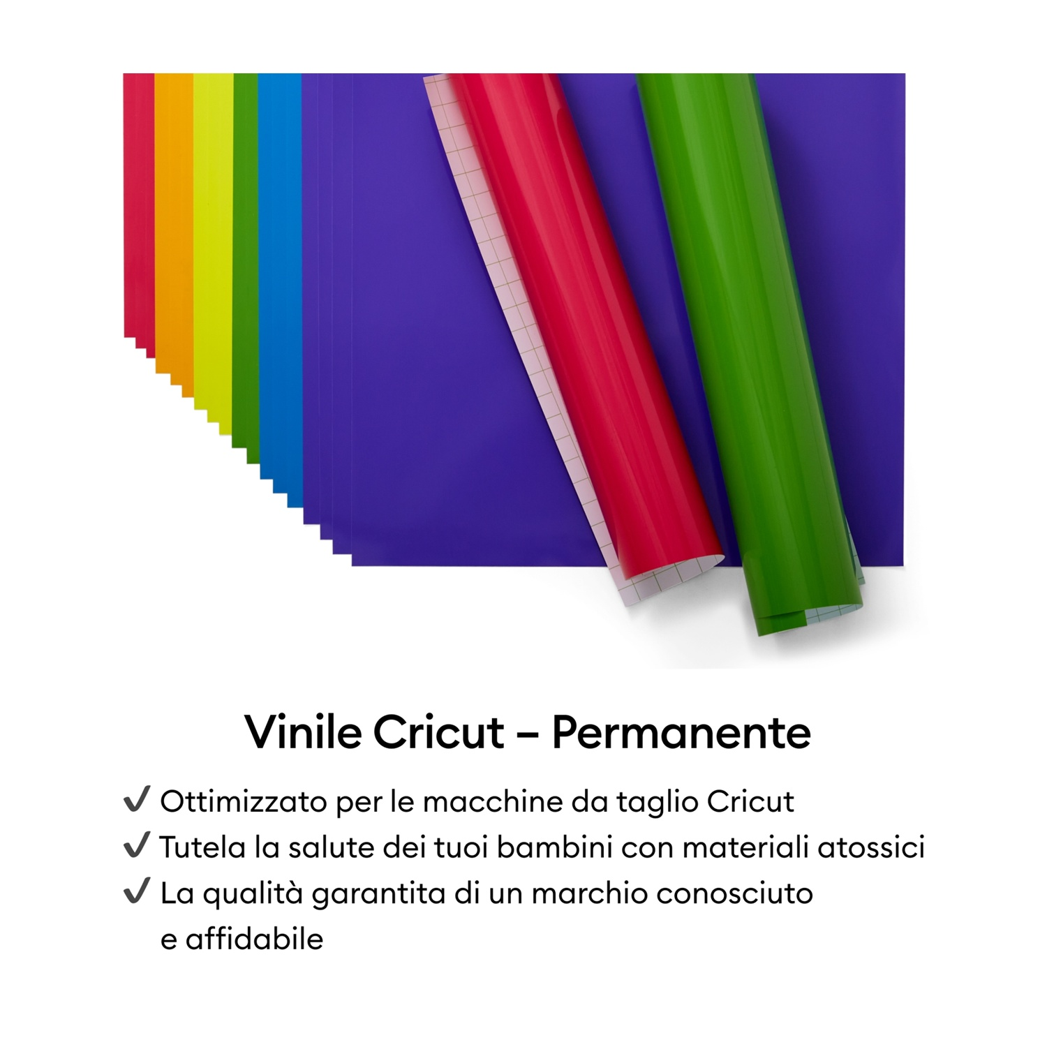 Vari rotoli di vinile color arcobaleno, rosso e verde su sfondo blu.