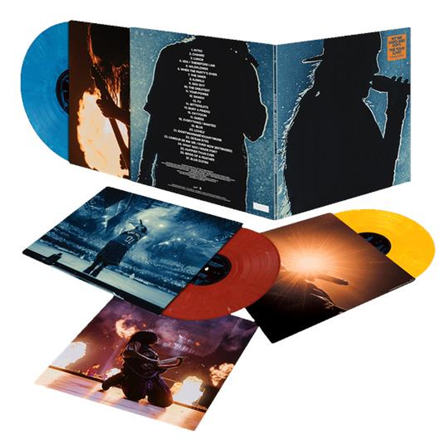 Meerdere vinylplaten en een open albumhoes met zangerssilhouetten.