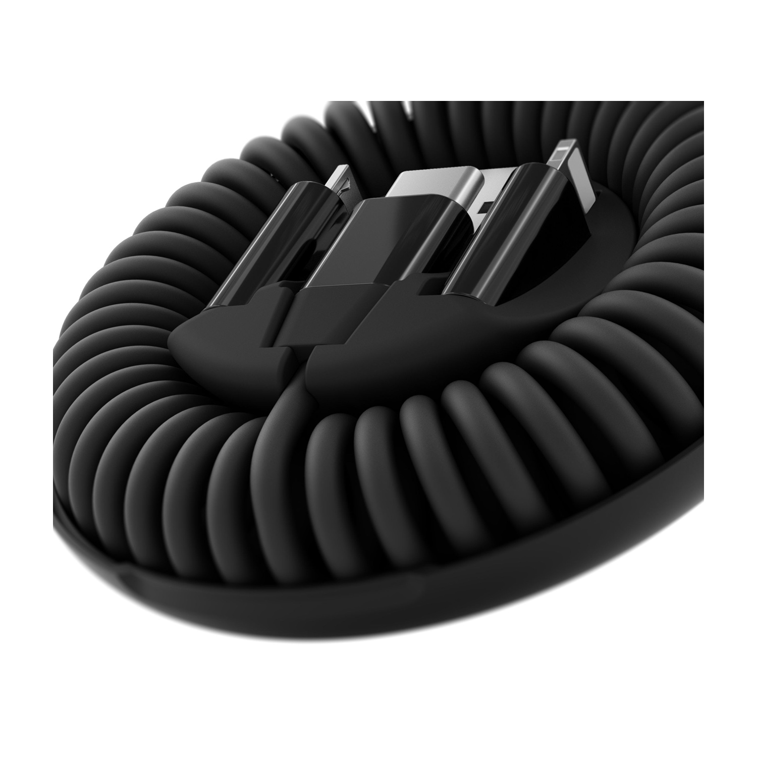 Cavo a spirale nero con due connettori USB-C al centro.