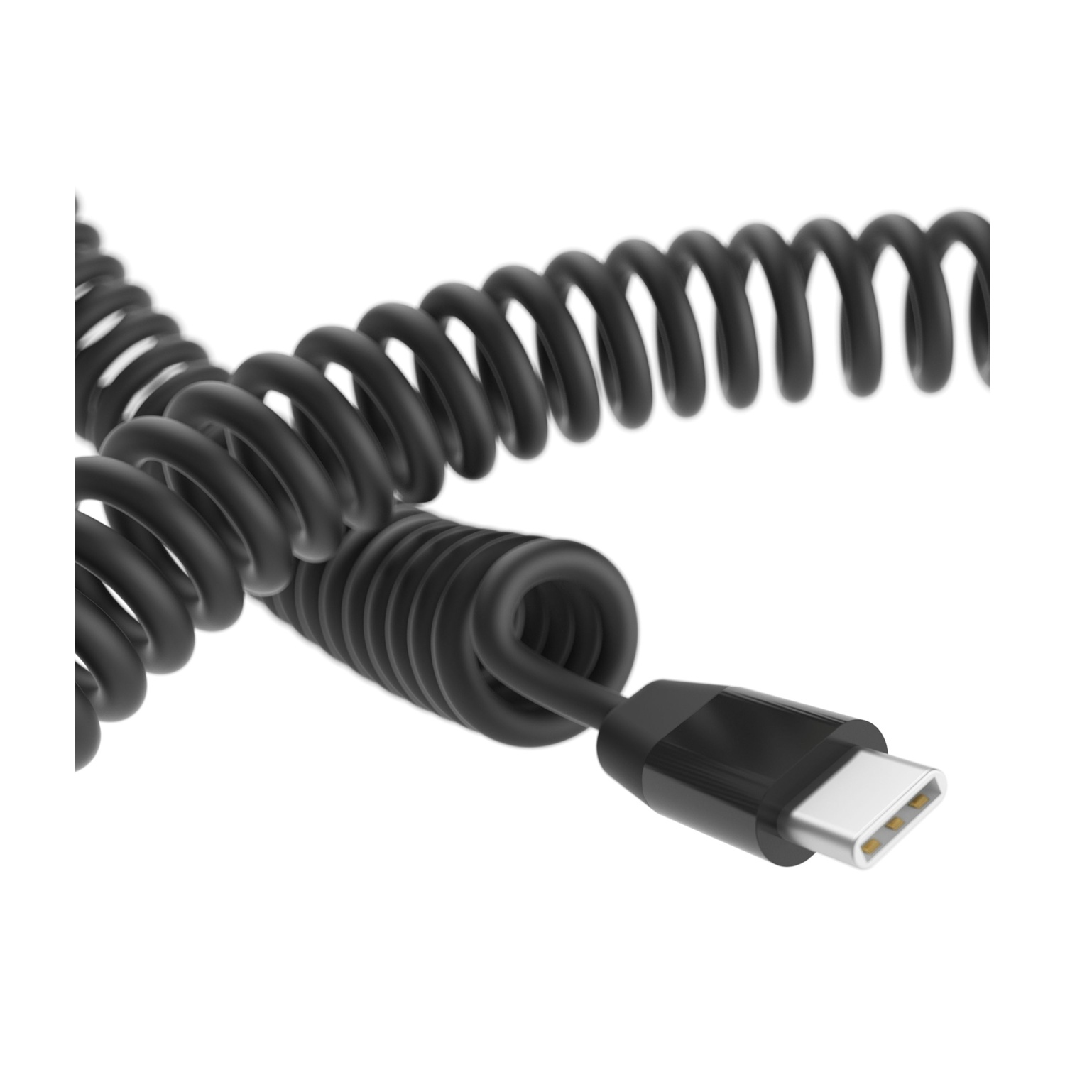 Cavo a spirale nero con connettore USB-C su sfondo bianco.
