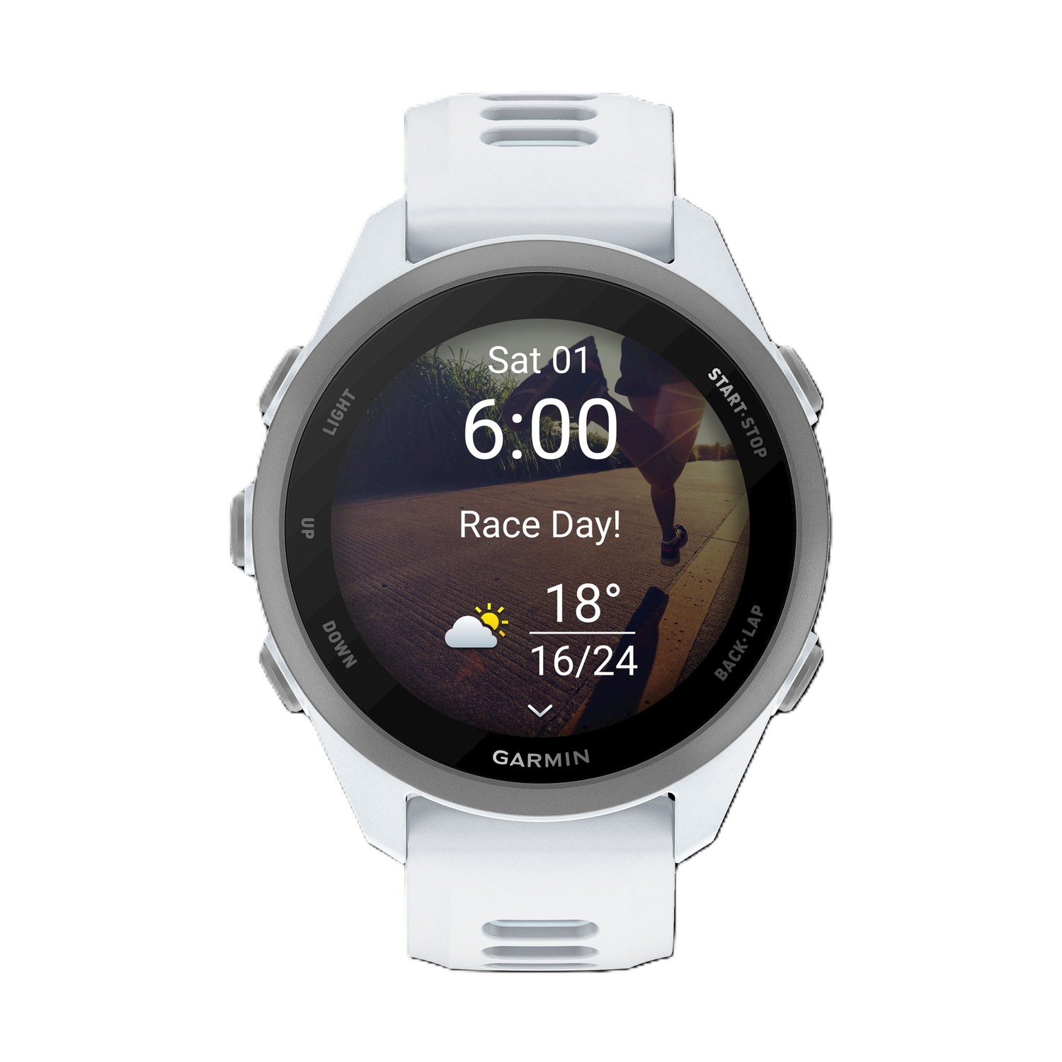 Smartwatch bianco con display giorno di gara.