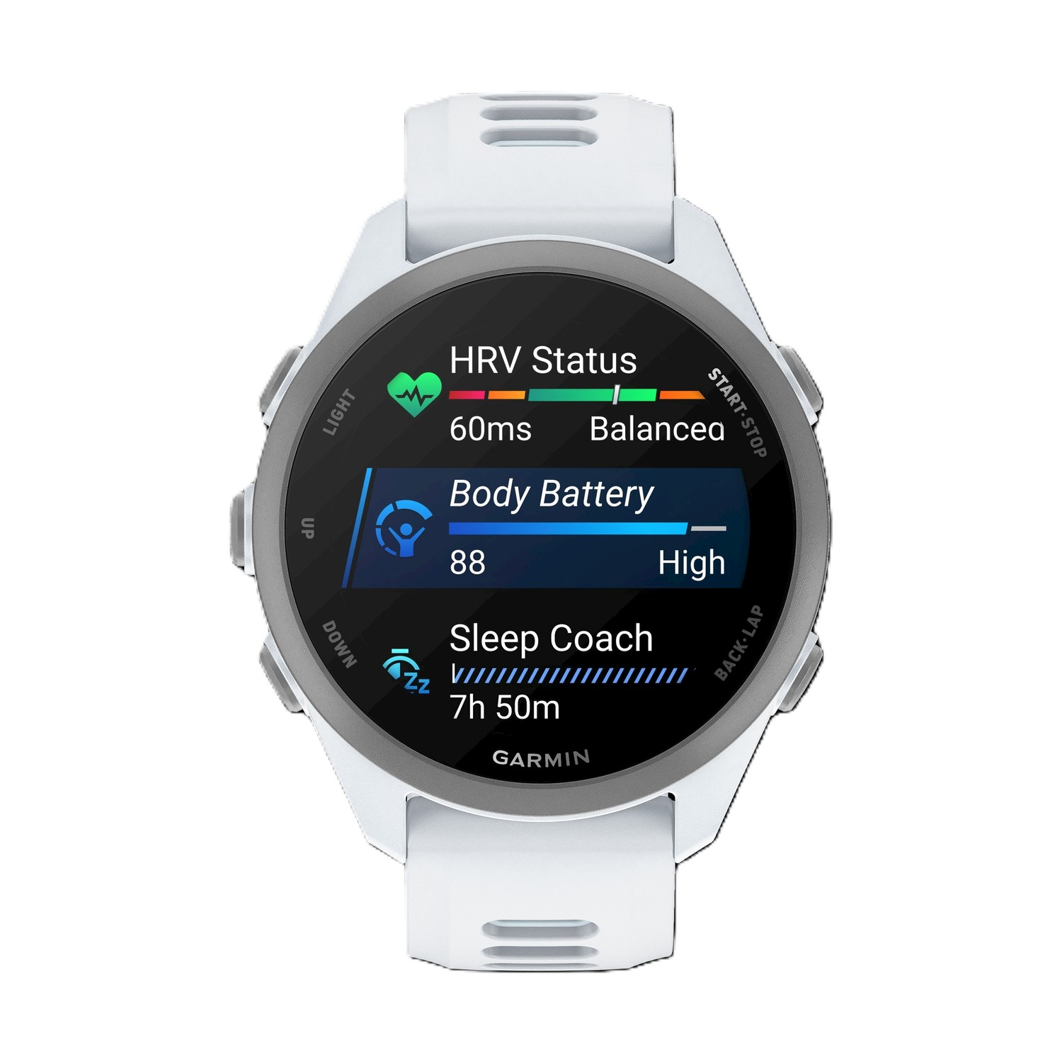 Smartwatch bianco mostra stato HRV, Batteria Corporea e Coach del Sonno.