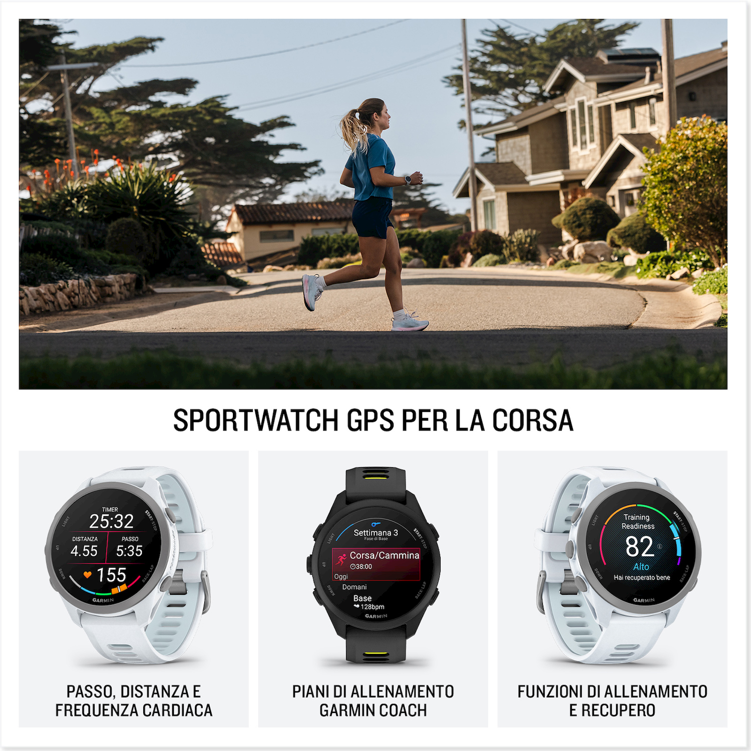 Donna corre su strada, tre orologi Garmin sotto.
