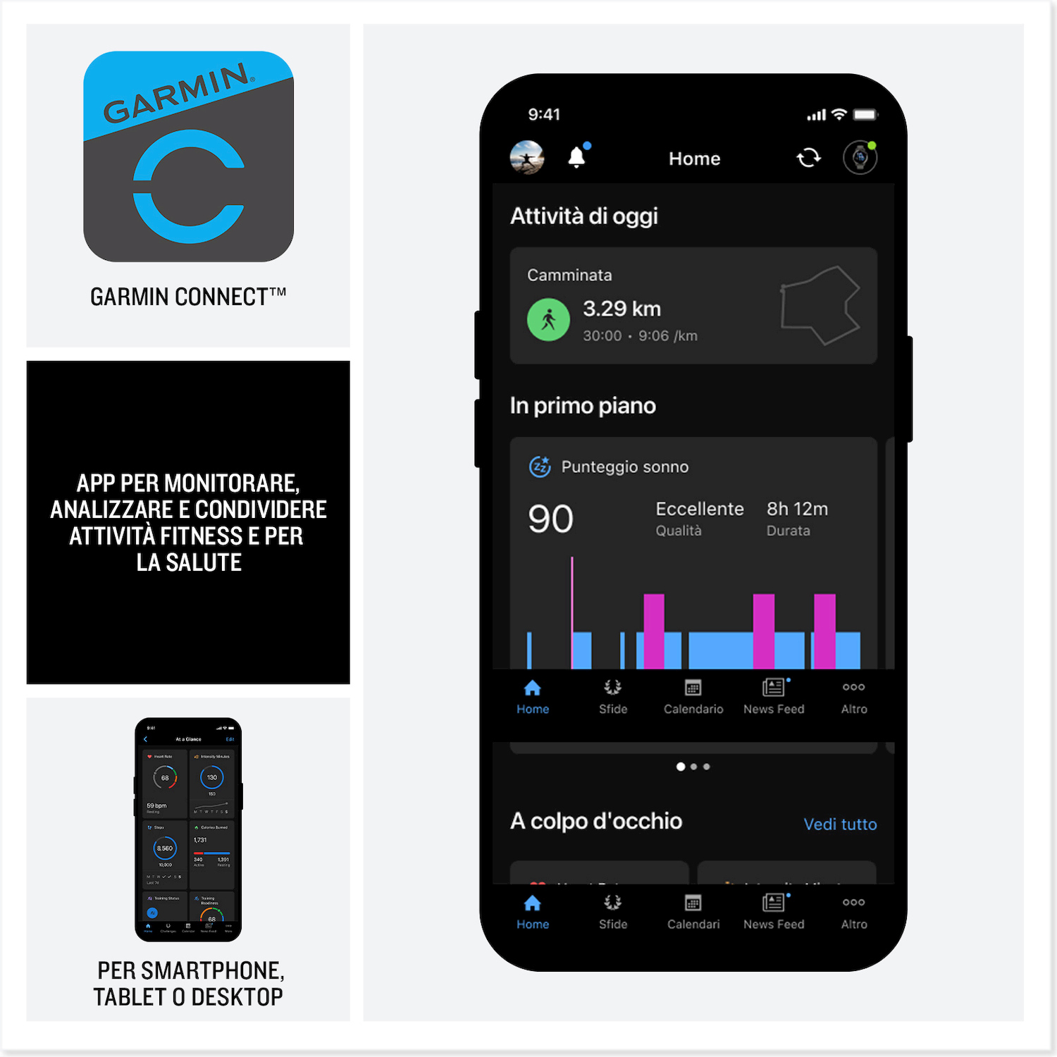 App Garmin Connect mostra dati fitness: passi, sonno, battito cardiaco. Disponibile per device.