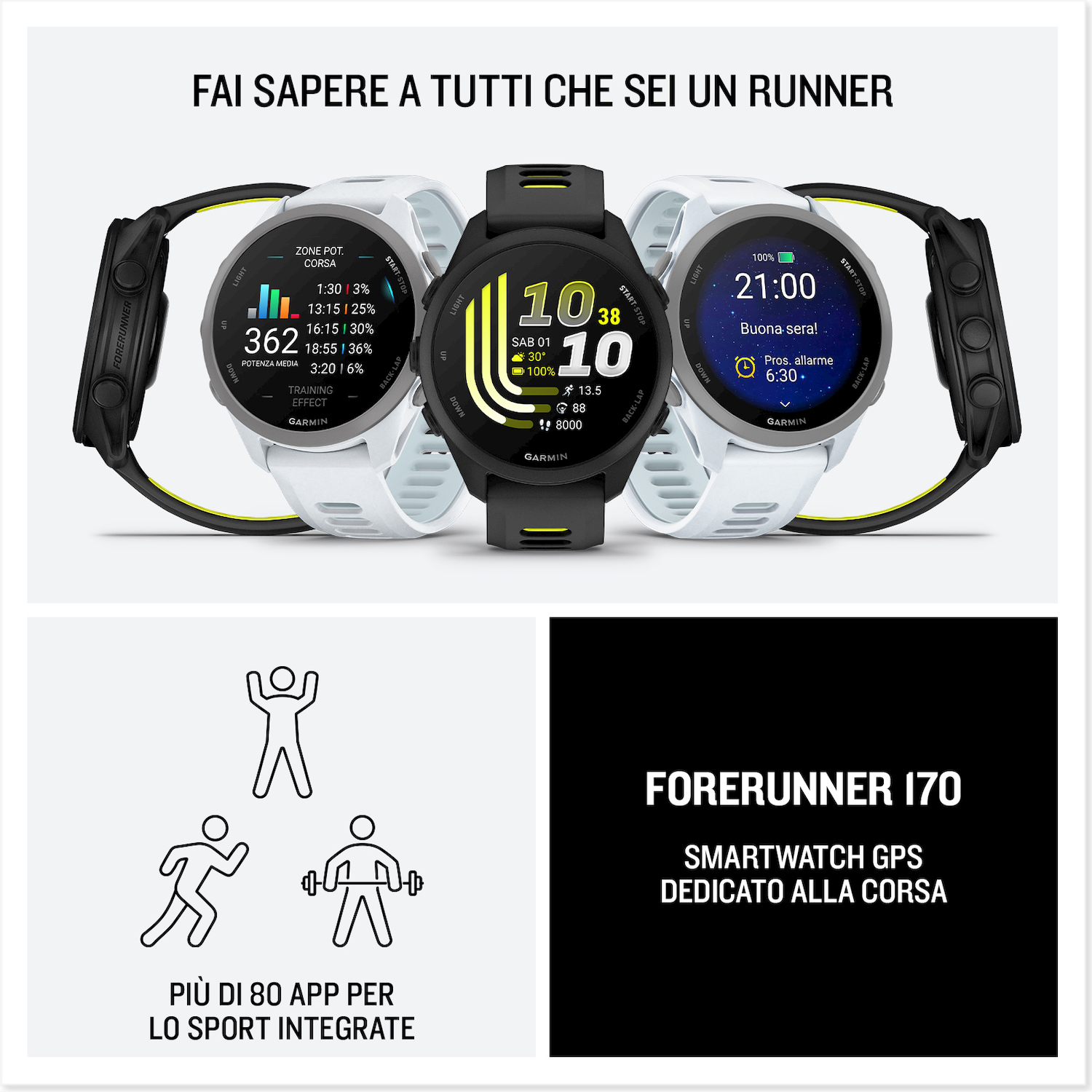 Tre smartwatch Garmin Forerunner, una nera e due bianche, che mostrano dati di allenamento.
