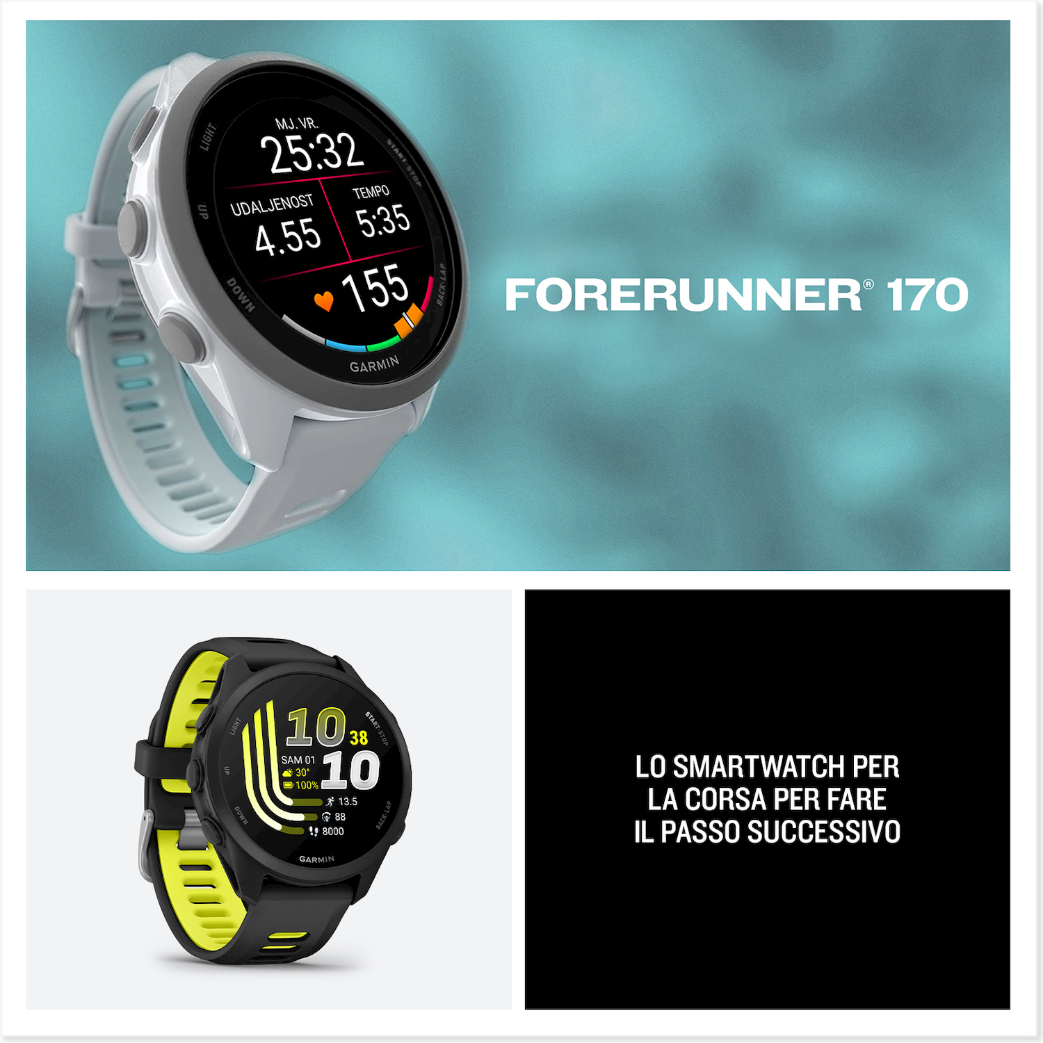 Due smartwatch Garmin Forerunner, una bianca e una nera con accenti gialli.