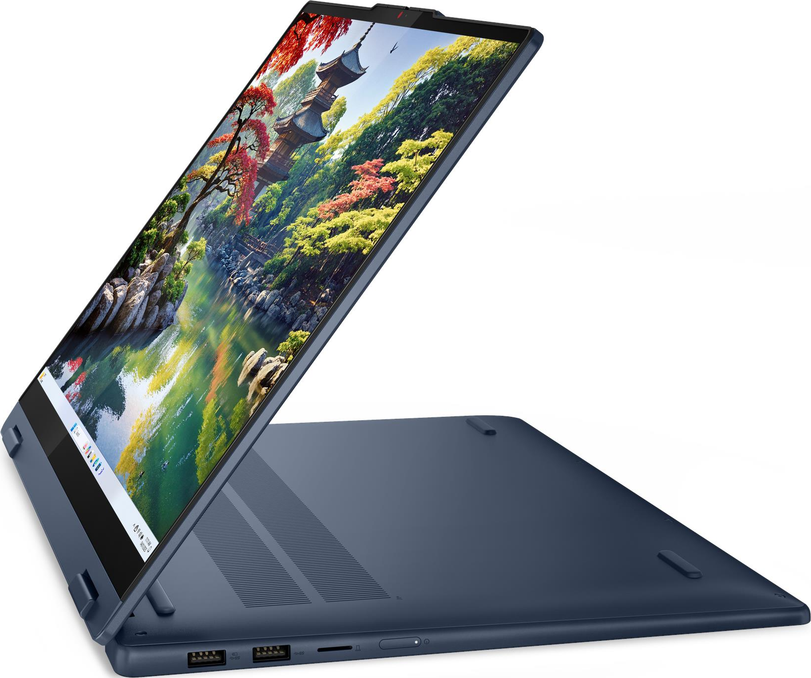 Ein dunkelblauer Laptop mit einem Bild eines japanischen Gartens auf dem Bildschirm.