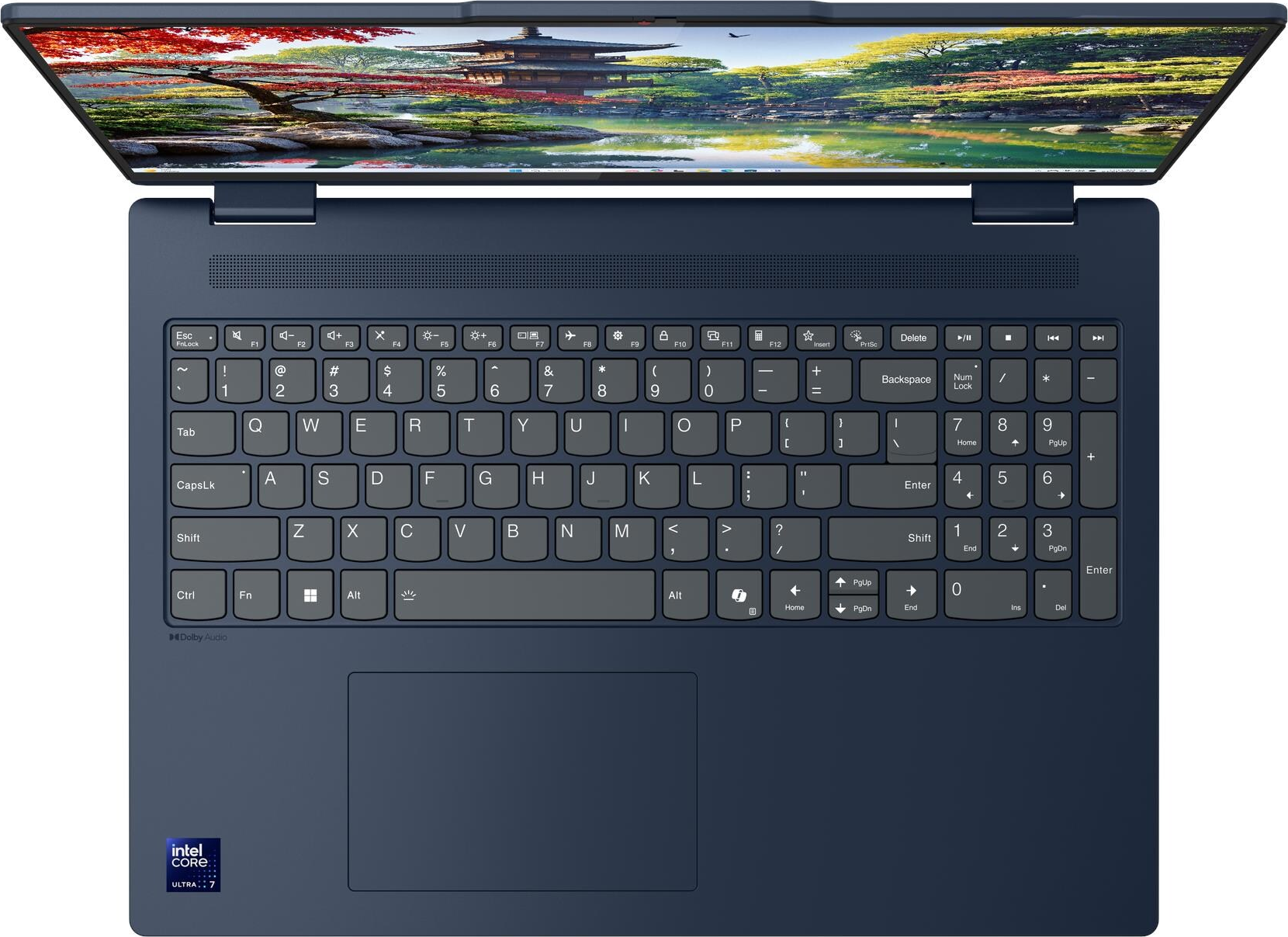 Ein dunkelblauer Laptop ist geöffnet und zeigt eine japanische Gartenszene auf dem Bildschirm und der Tastatur.