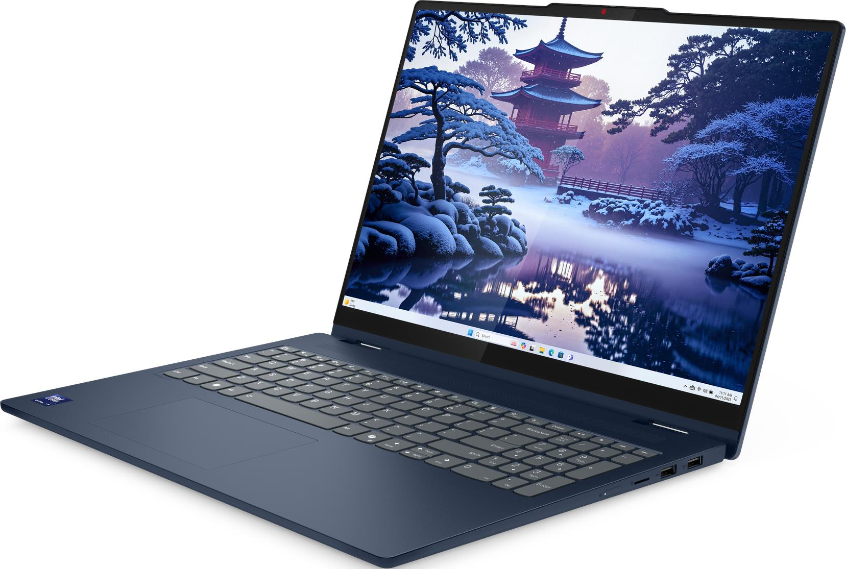 Ein blauer Laptop mit einem Winterbild einer japanischen Pagode und einem Teich.