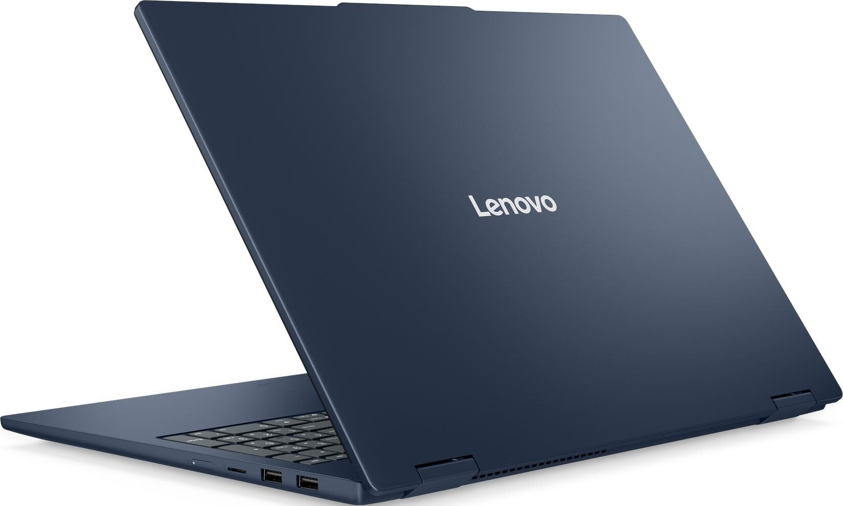 Dunkelblauer Lenovo Laptop, teilweise geöffnet, mit Tastatur und Anschlüssen.