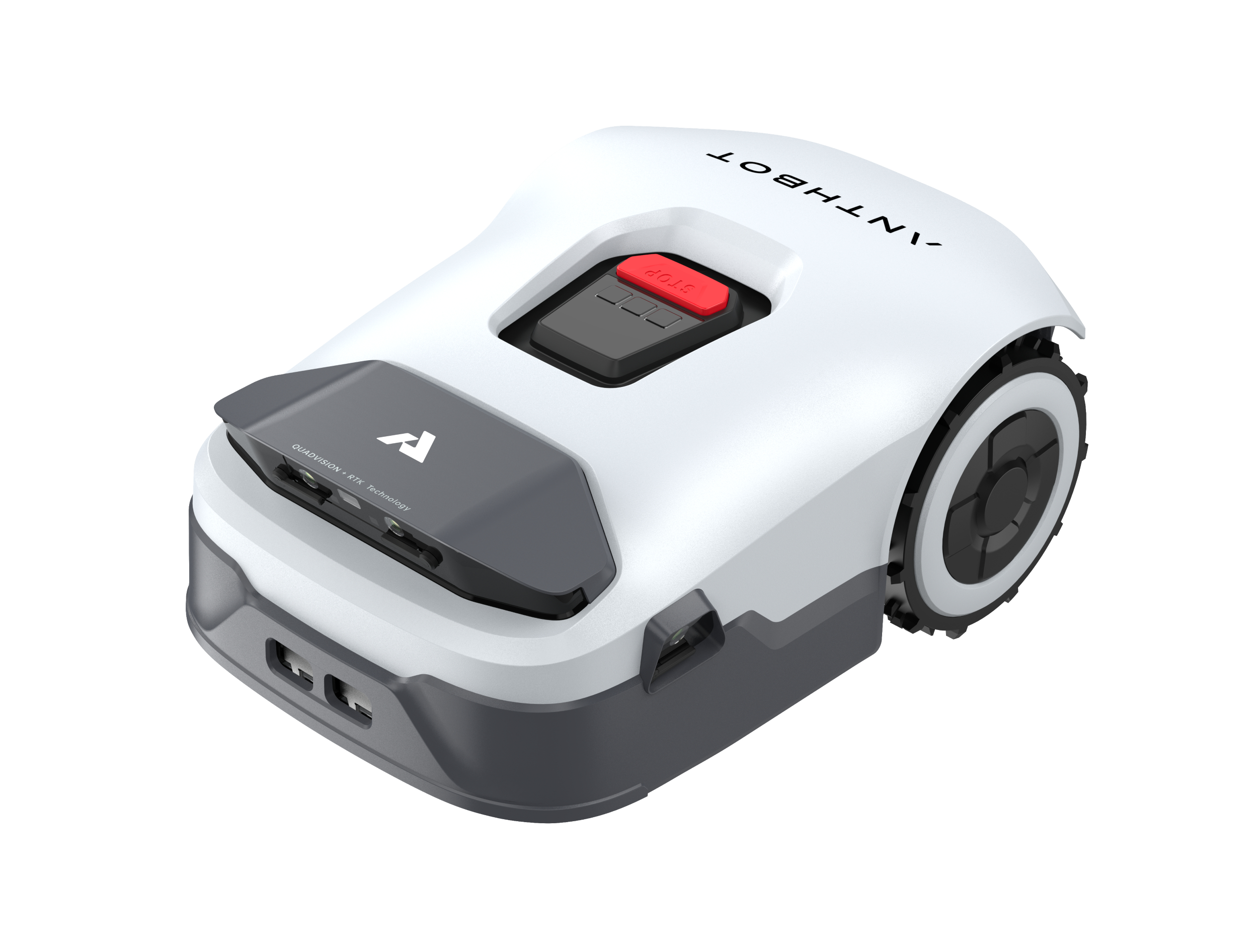 Ein weißer Mähroboter mit grauen Akzenten auf weißem Hintergrund.