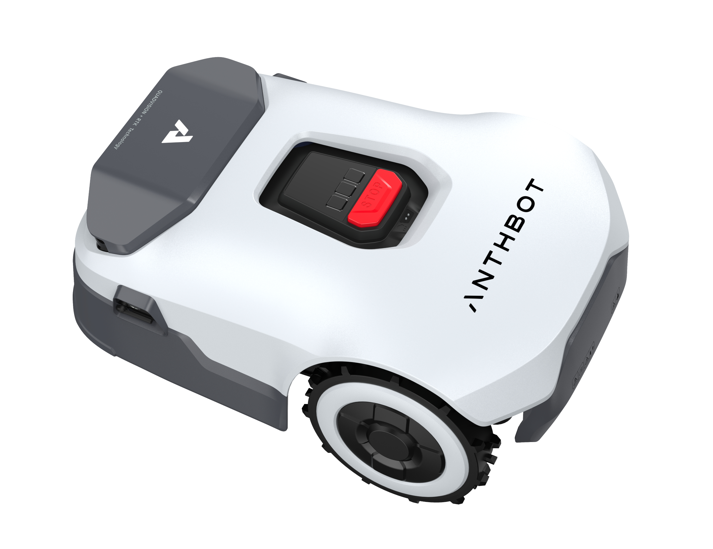 Ein weißer und grauer Rasenmähroboter mit schwarzen Rädern und einem roten Stoppknopf.