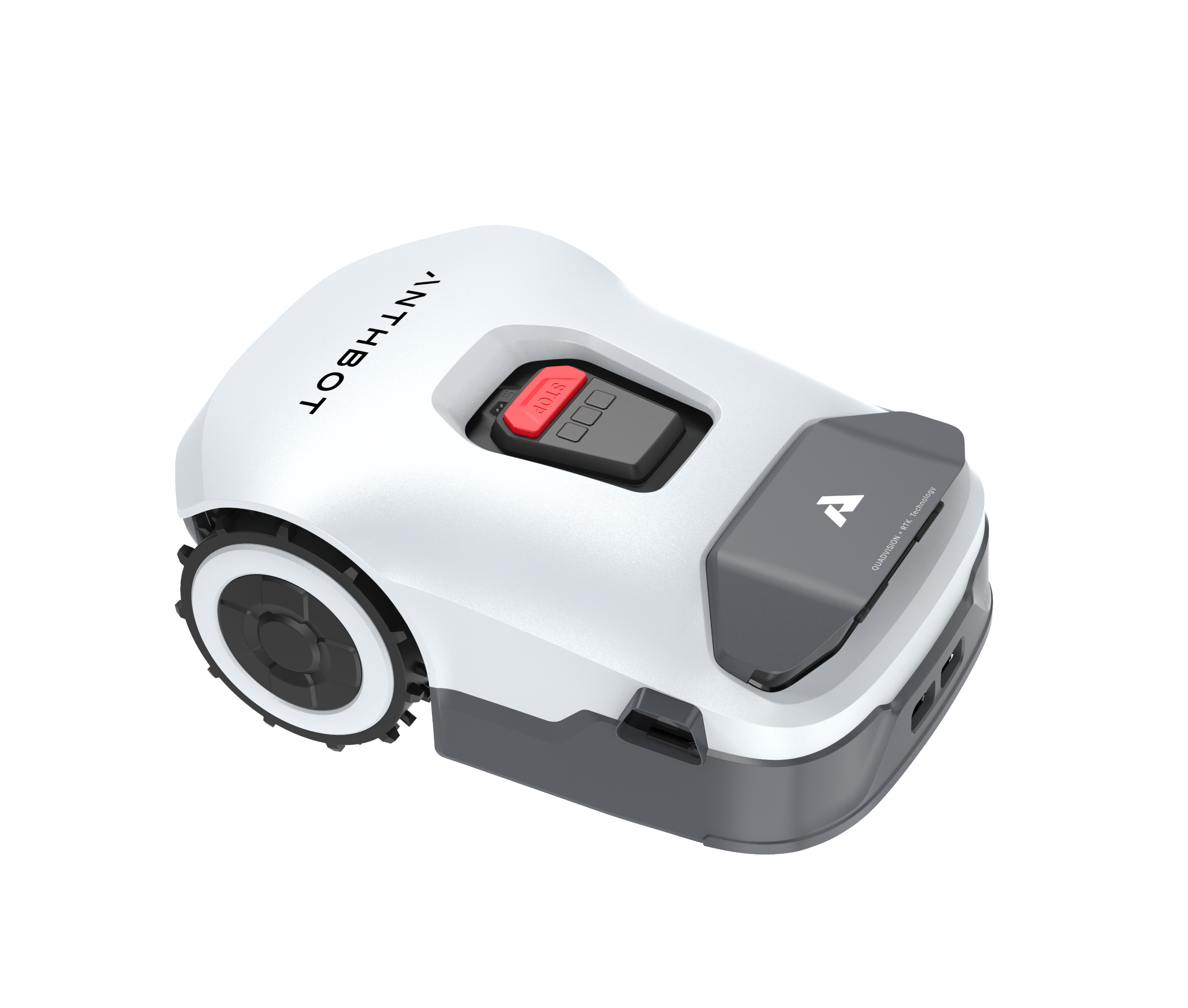 Ein weißer Mähroboter mit grauen Akzenten und einem roten Stoppknopf.