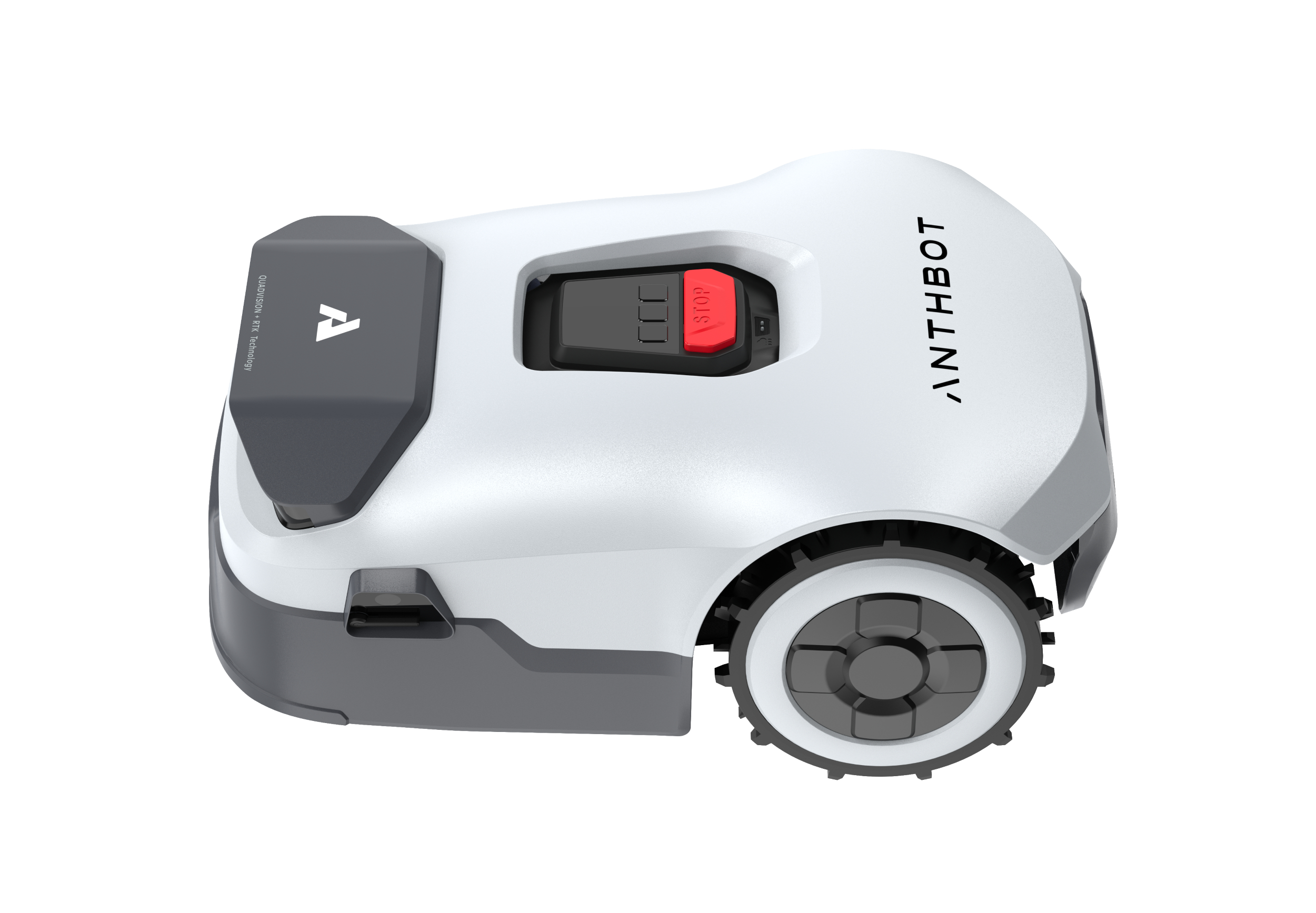 Ein weißer Mähroboter mit grauen Akzenten und einem roten Stoppknopf.
