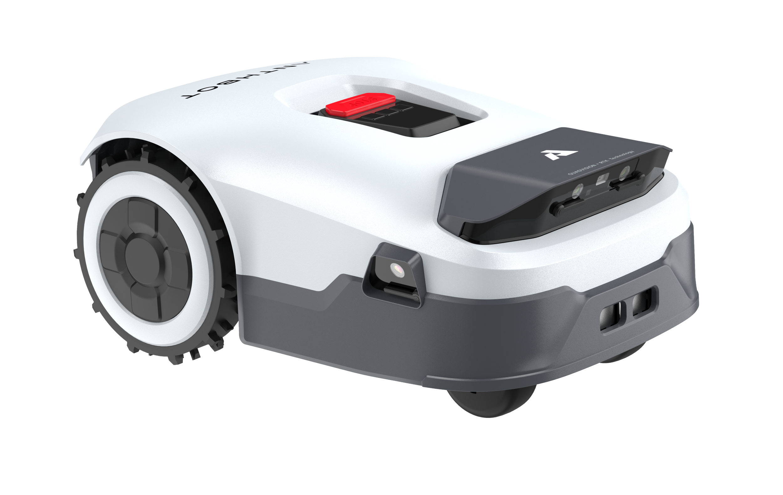 Ein weißer und grauer Mähroboter mit schwarzen Rädern und roten Knopf.