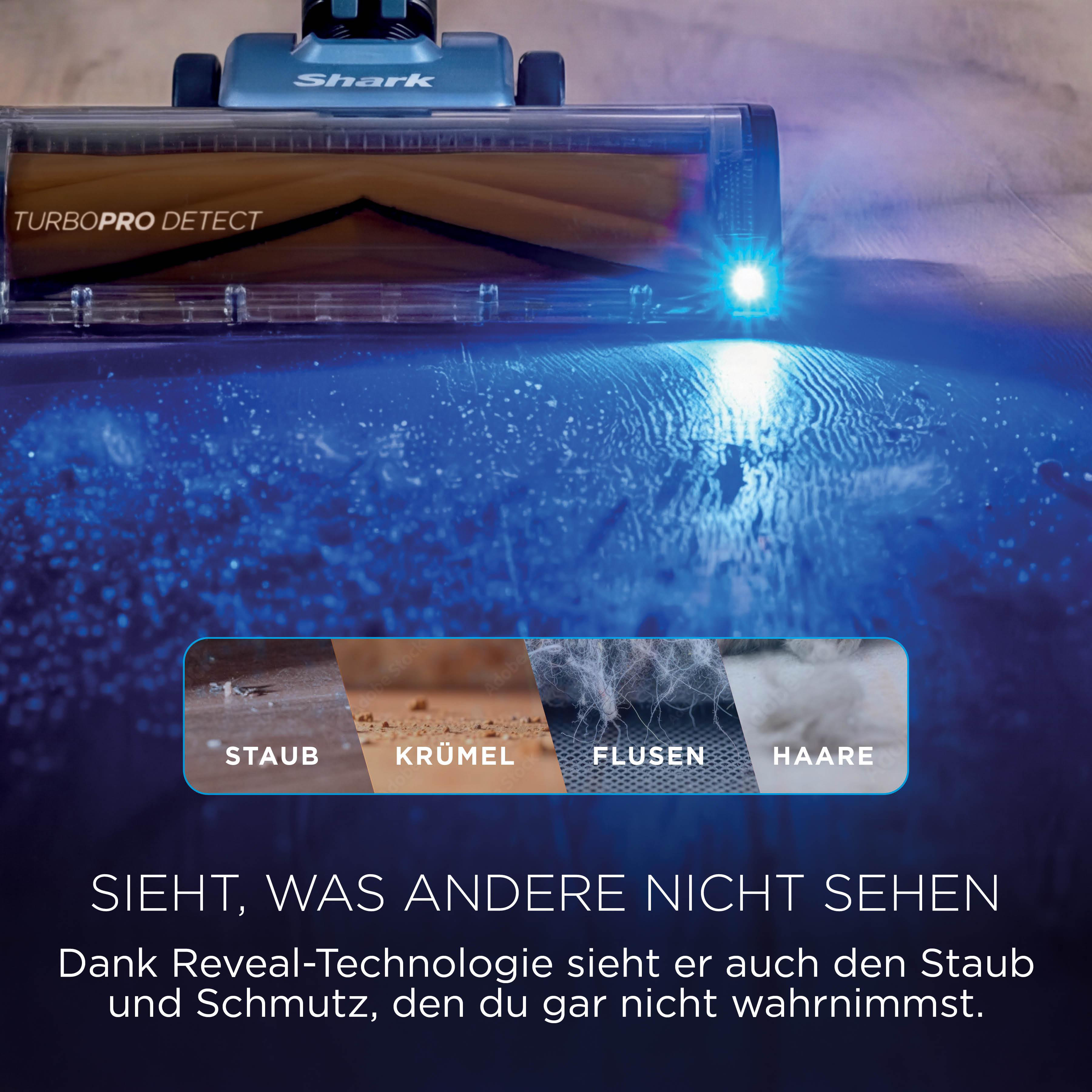 Ein Shark Staubsauger mit blauen Lichtern zeigt Staub, Krümel, Flusen und Haare.