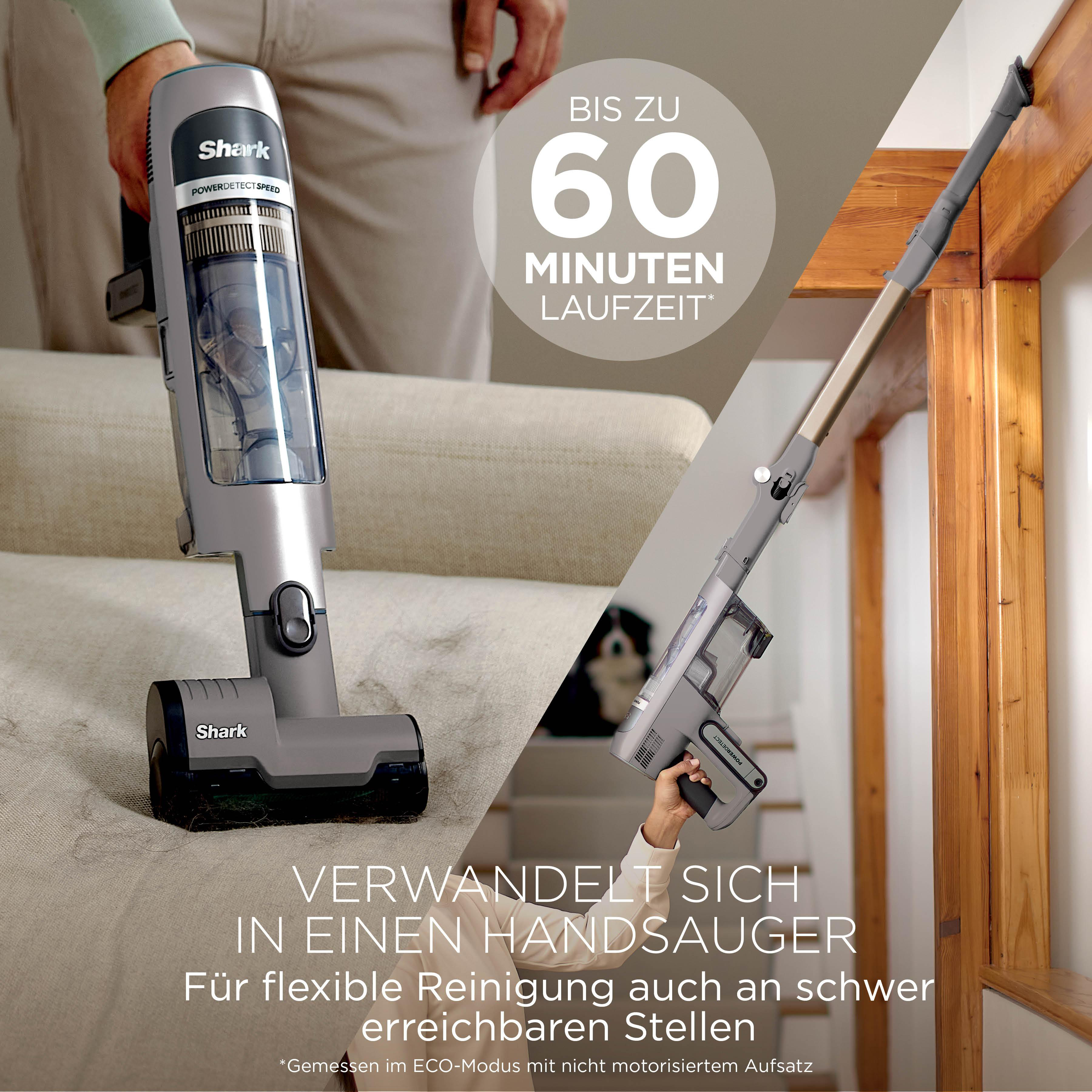 Ein Shark Staubsauger wird gezeigt, der bis zu 60 Minuten läuft.