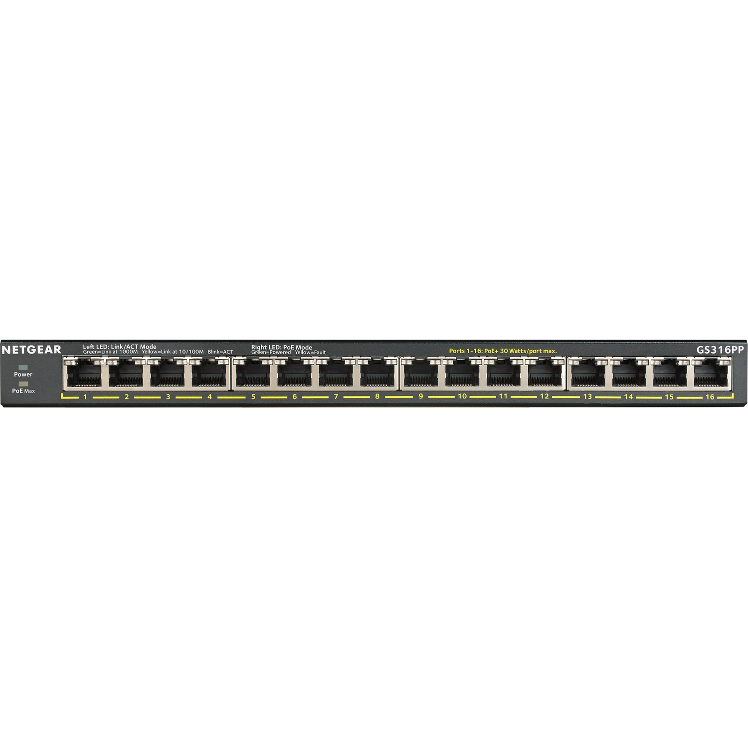Netgear GS316PP 16-poorts PoE+ Ethernet switch met status-LEDs en genummerde poorten.