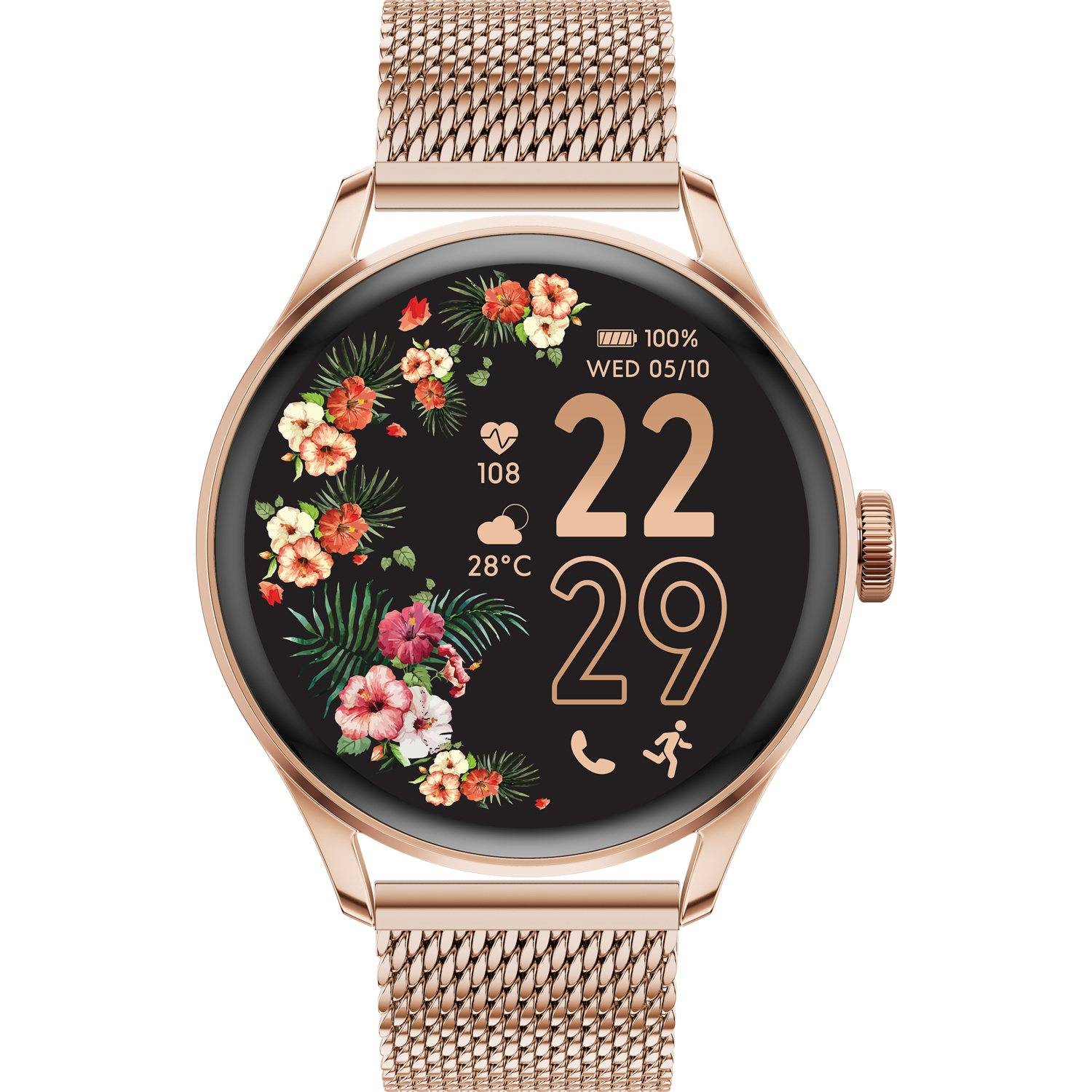 A rose gold smartwatch with a floral pattern and digital time and date display.