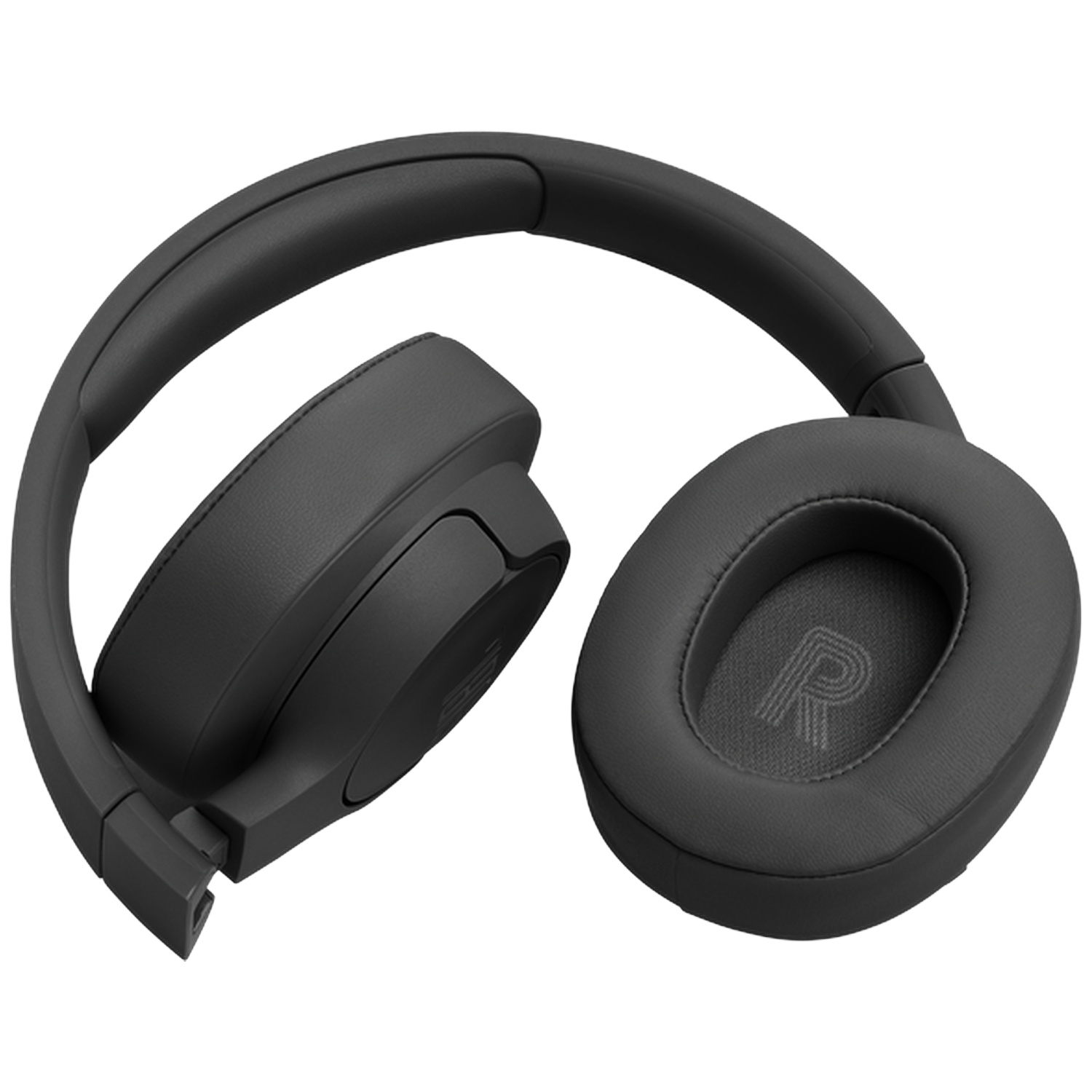 Casque noir avec coussinets rembourrés et arceau incurvé. Plié.