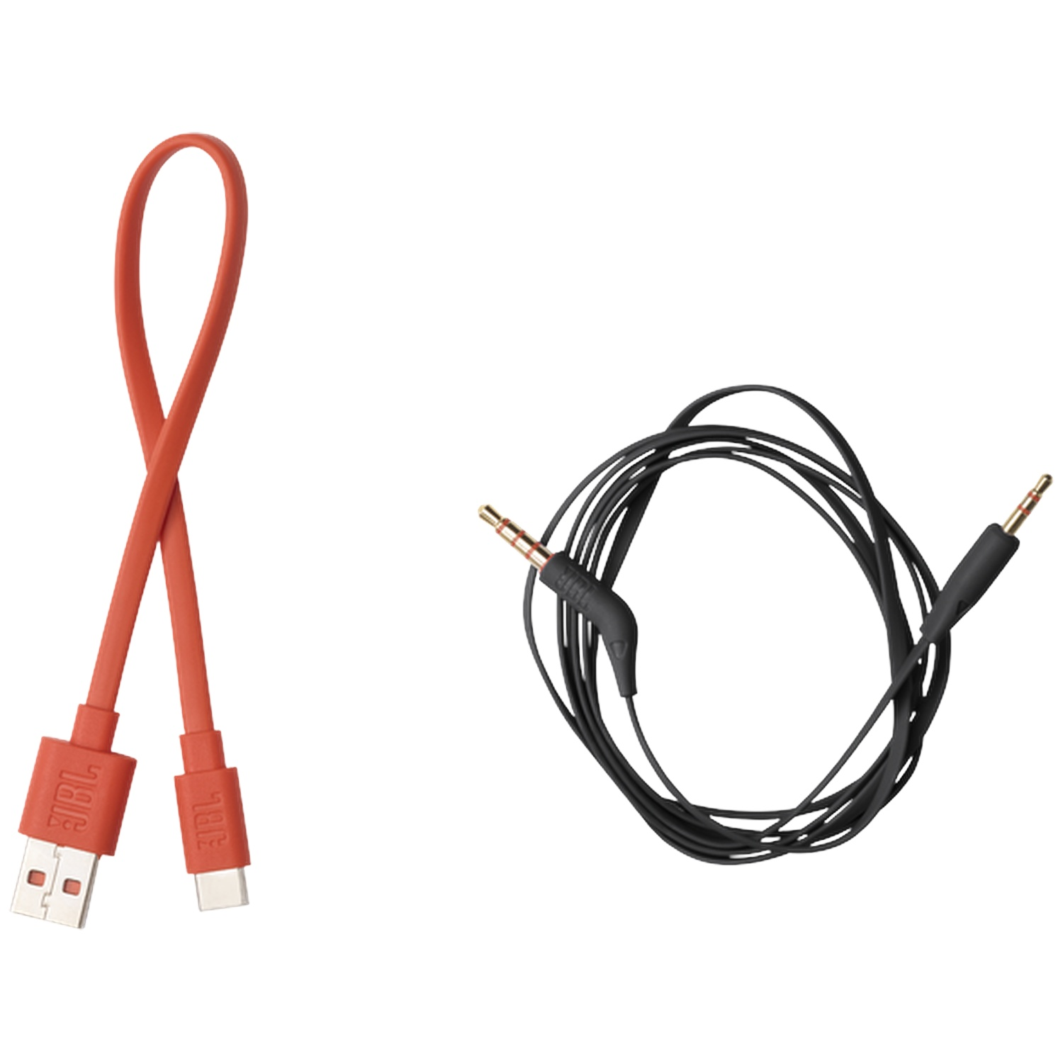Un câble de chargement USB-C JBL orange et un câble audio noir.