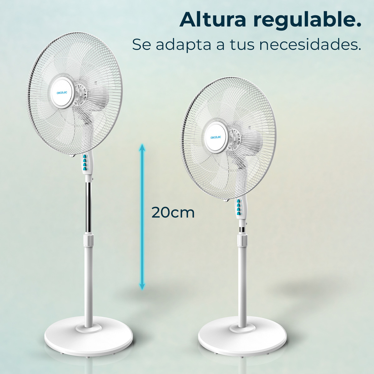 Dos ventiladores blancos de pie, uno más alto que el otro, mostrando ajuste de altura.
