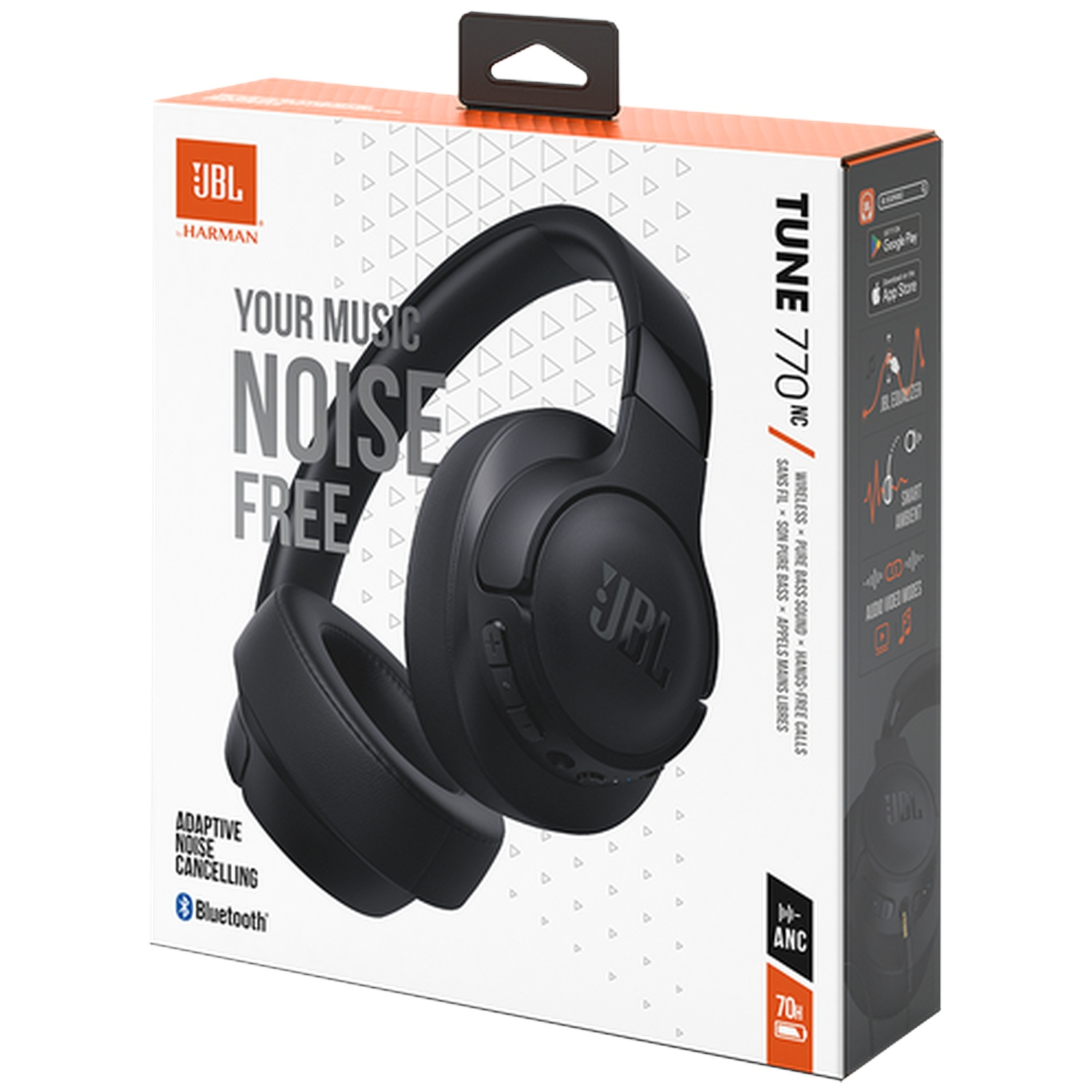 Emballage du casque JBL Tune 770NC noir avec réduction de bruit adaptative.