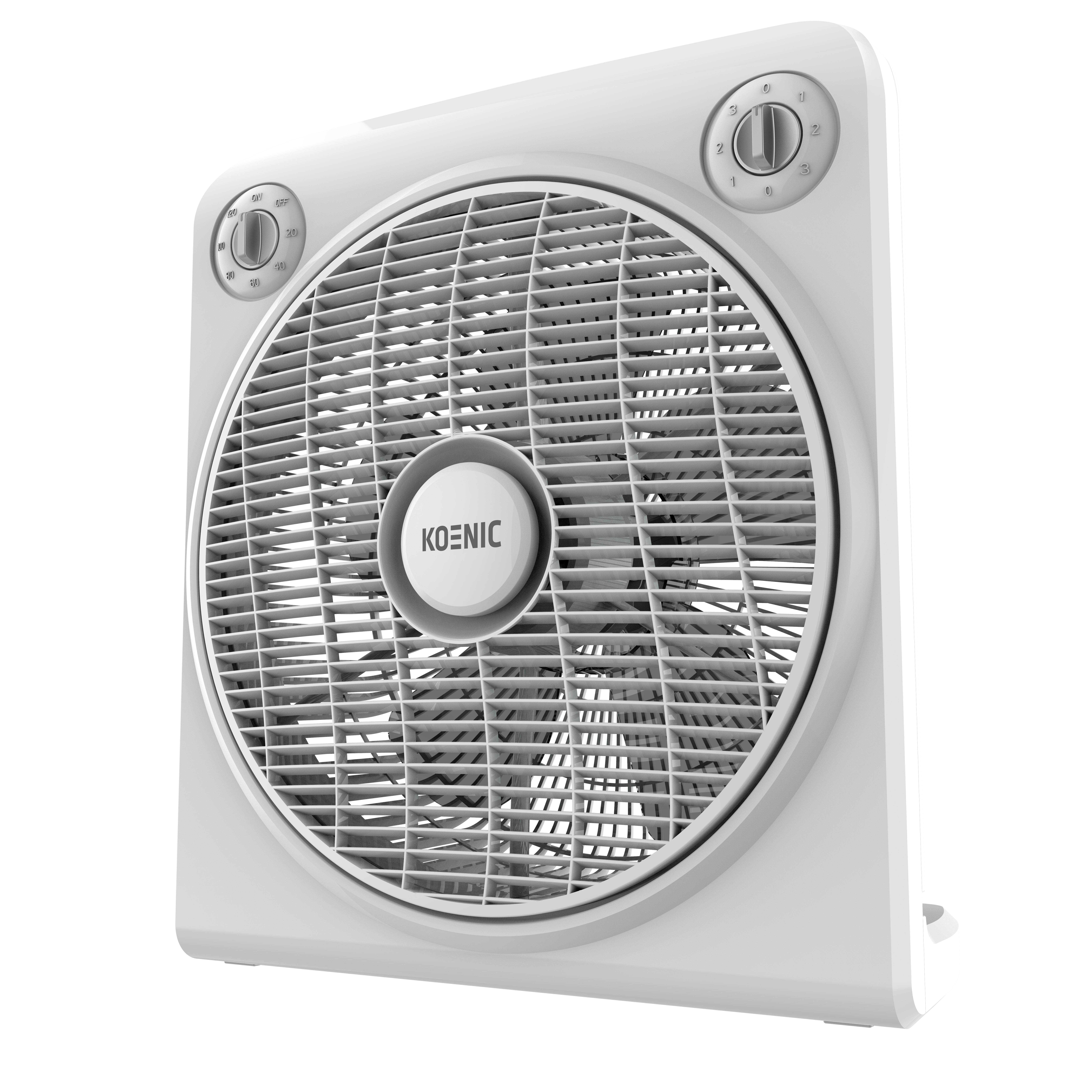 Un ventilador de caja blanco con rejillas y perillas de control.