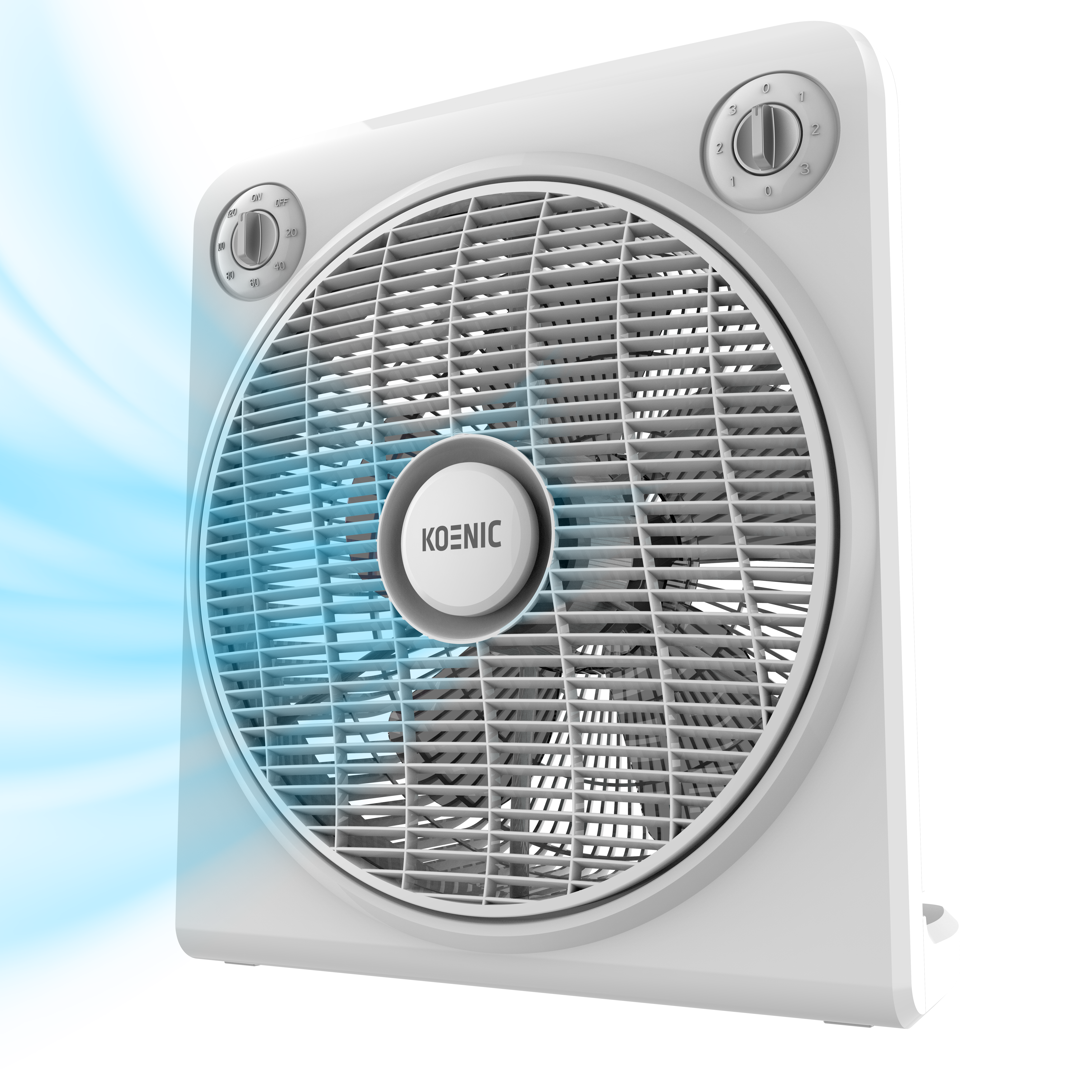 Un ventilador de caja blanco con tres perillas de control y corrientes de aire azules.