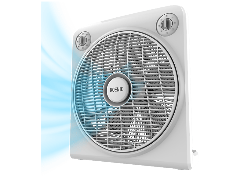 Ventilador de sobremesa - Koenic KTF 305026 ES Box Fan, 50 W, 12'', 5 aspas, Rejilla giratoria, Temporizador 120 min, 3 velocidades, Blanco