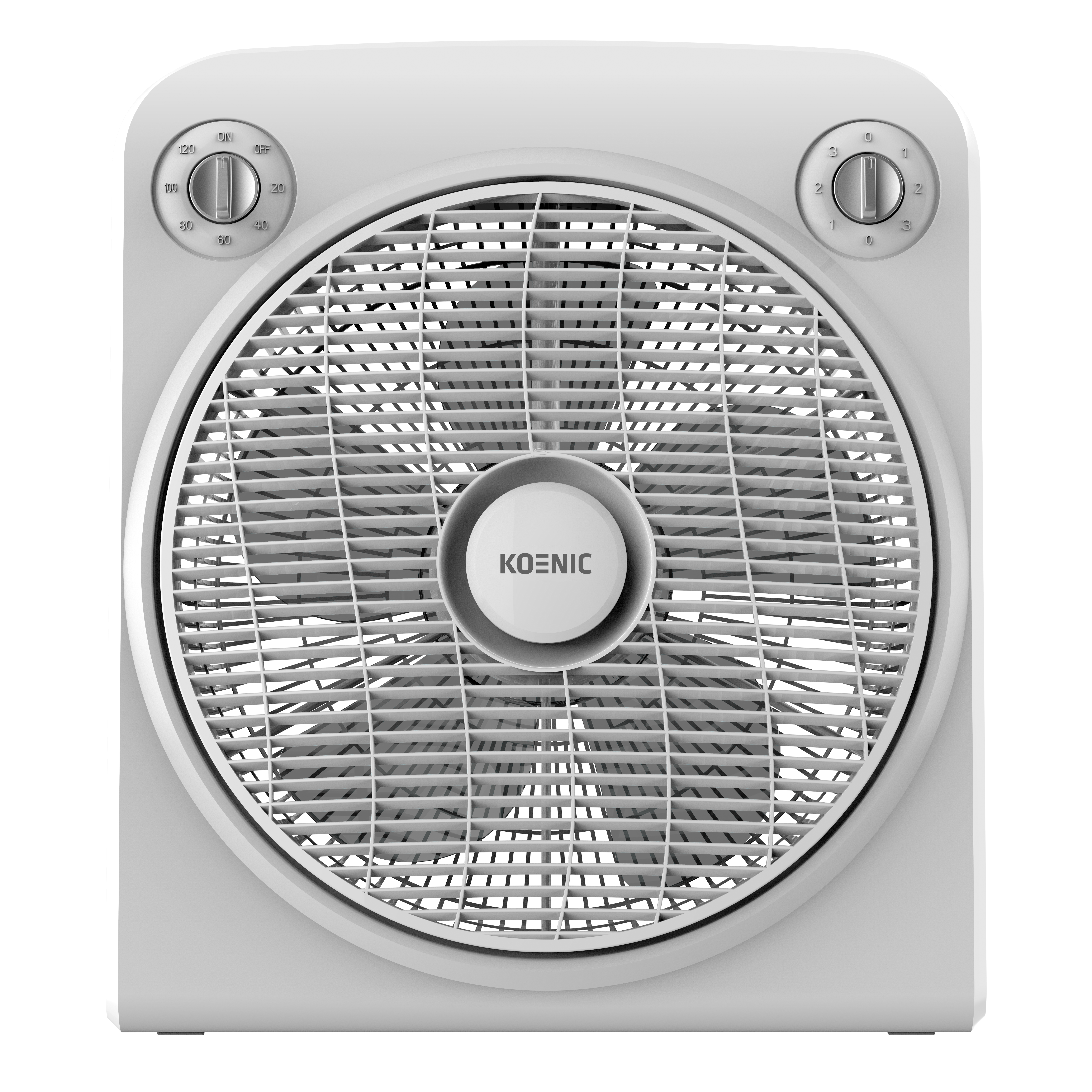 Un ventilador de caja blanco con diales para temporizador y velocidad. Logo KOENIC.
