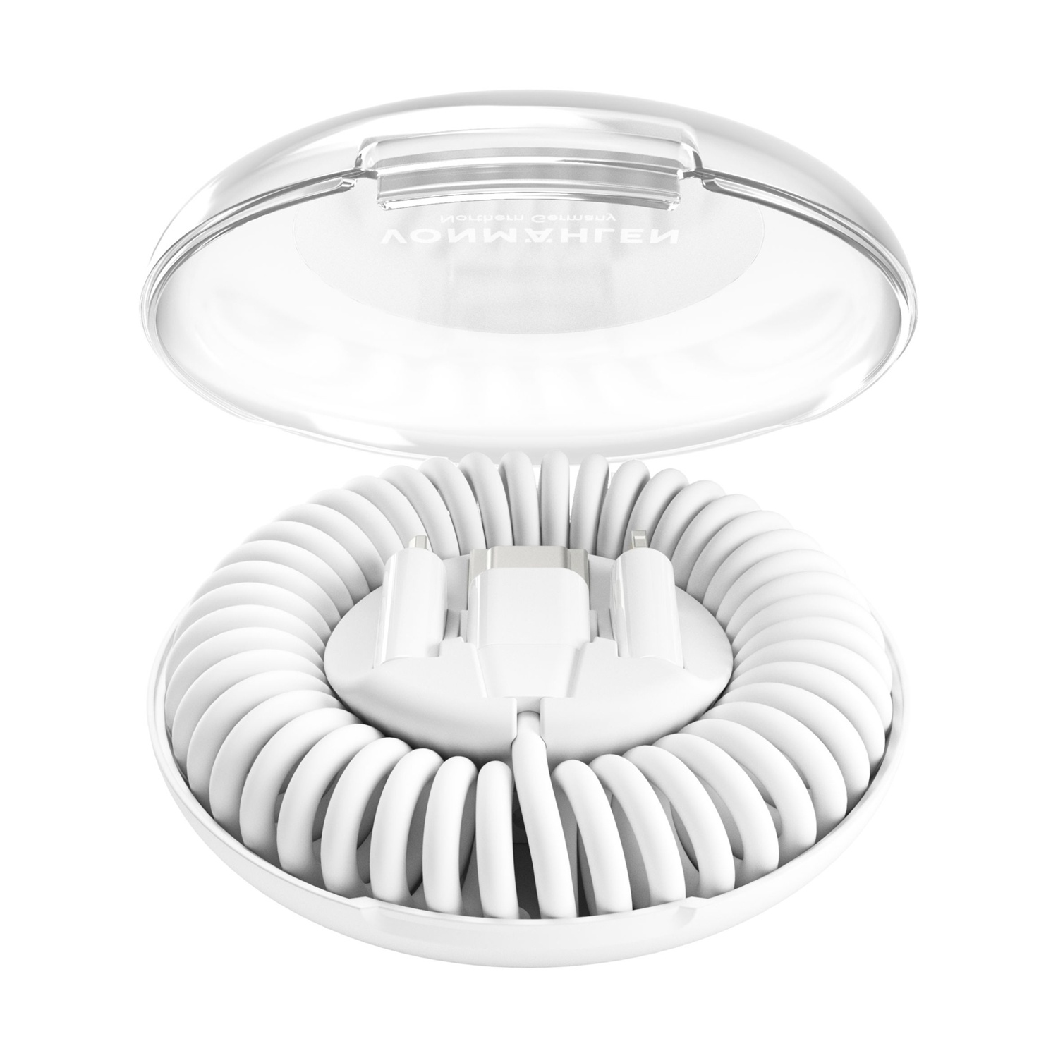 Un cavo bianco a spirale con un connettore in una custodia bianca con coperchio trasparente.