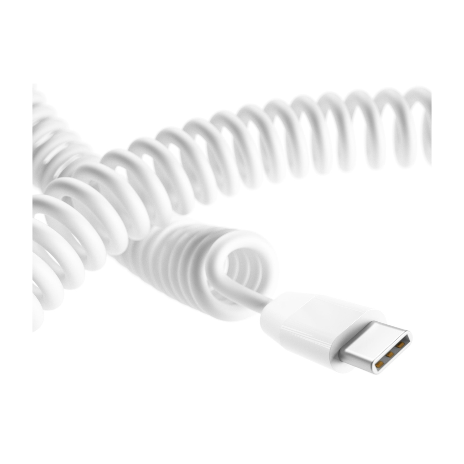 Cavo bianco a spirale con connettore USB-C in dettaglio.