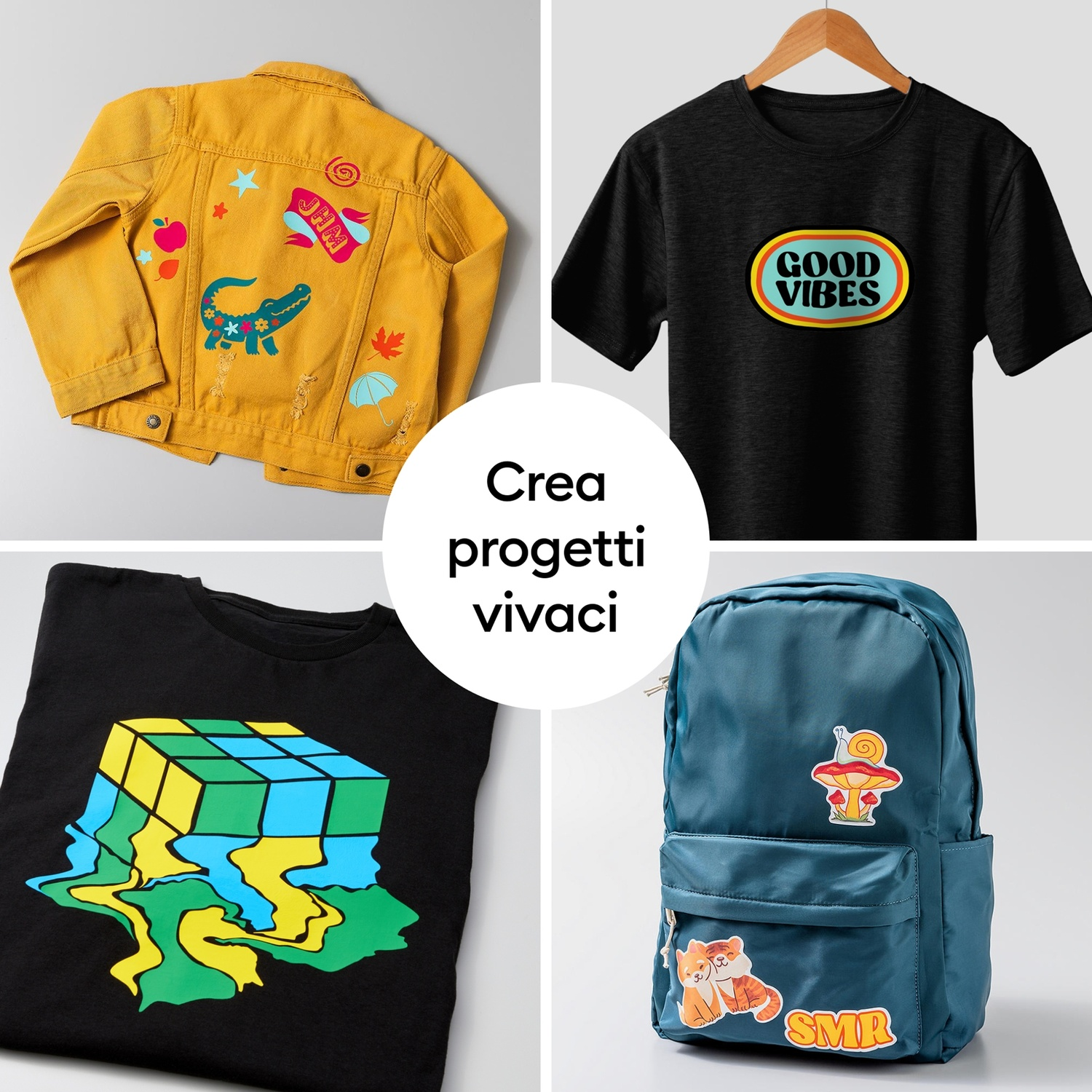 Giacca gialla, t-shirt nera, t-shirt nera con grafica a cubo, zaino blu.