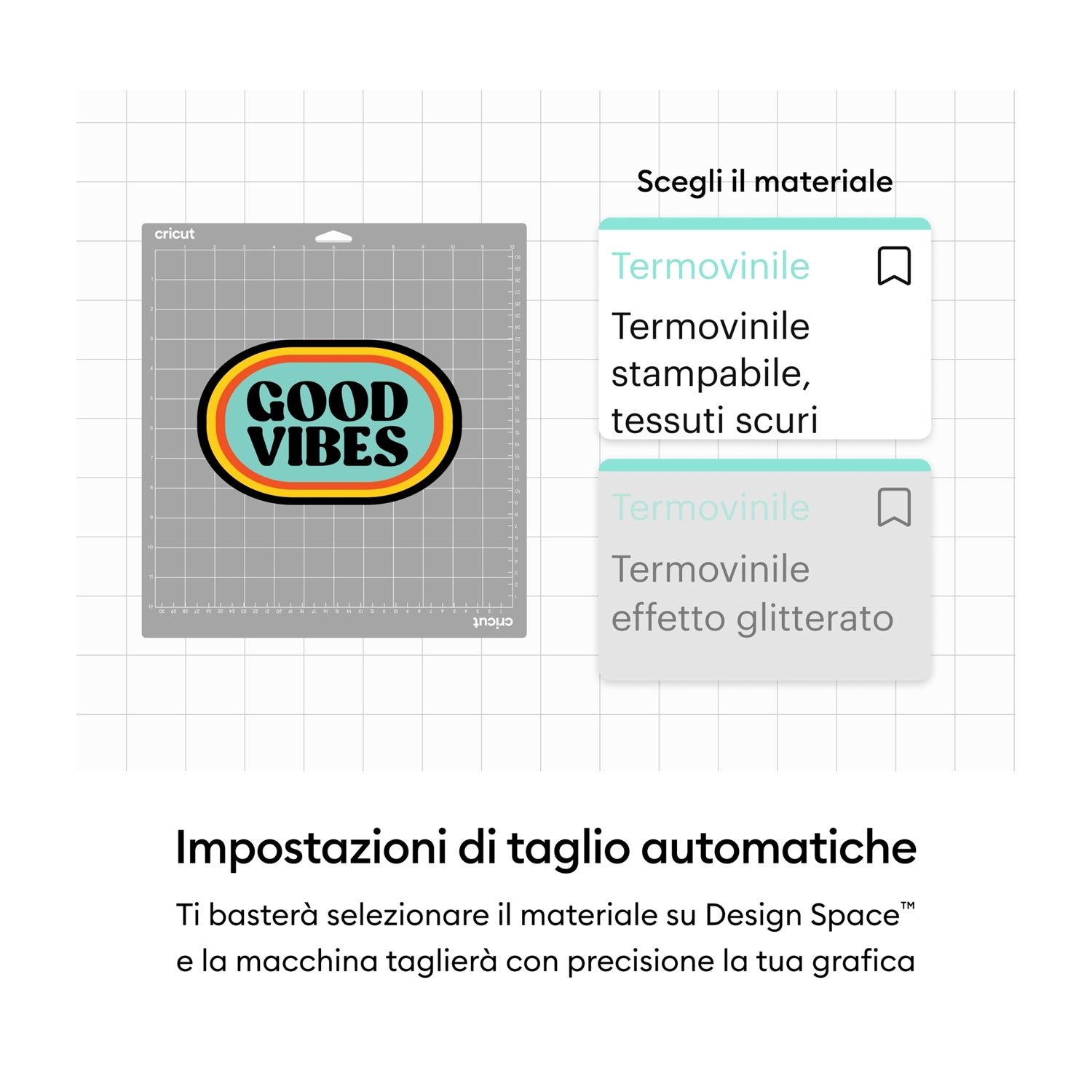 Tappetino da taglio Cricut con adesivo "GOOD VIBES" e opzioni materiali.
